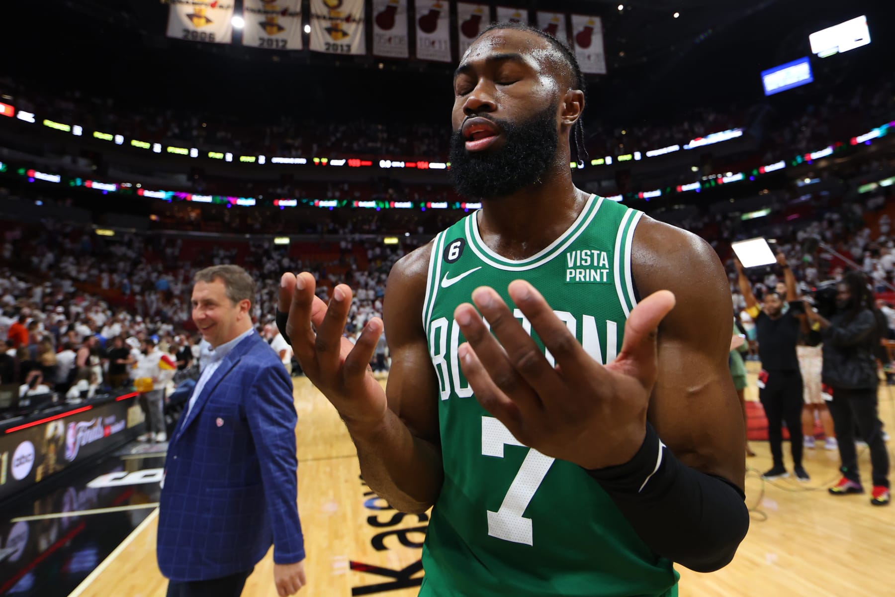 MIAMI, FLORIDA - MAY 27: Jaylen Brown #7 of the Boston Celtics reacts to defeating the Miami Heat 104-103 in game six of the Eastern Conference Finals at Kaseya Center on May 27, 2023 in Miami, Florida. NOTE TO USER: User expressly acknowledges and agrees that, by downloading and or using this photograph, User is consenting to the terms and conditions of the Getty Images License Agreement. (Photo by Mike Ehrmann/Getty Images)