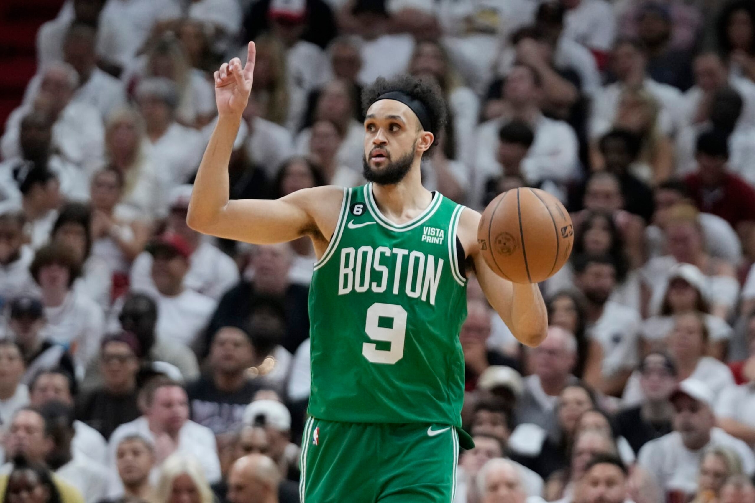 Boston Celtics guard Derrick White (9) gestures during Game 4 of the NBA basketball playoffs Eastern Conference finals against the Miami Heat, Tuesday, May 23, 2023, in Miami. (AP Photo/Wilfredo Lee)