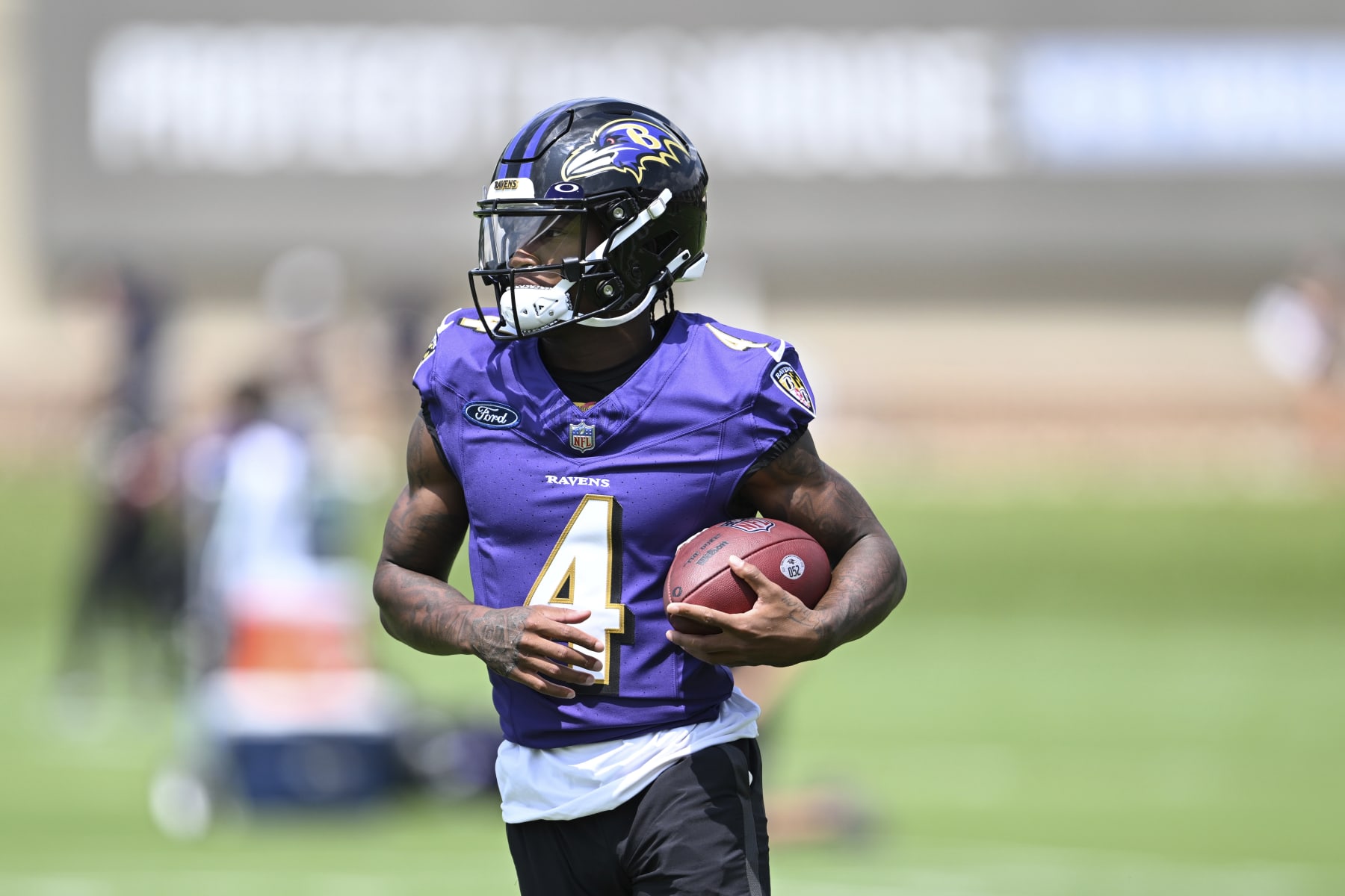 Baltimore Ravens wide receiver Zay Flowers works out during NFL football training camp practice Wednesday, July 26, 2023, in Owings Mills, Md. (AP Photo/Gail Burton)