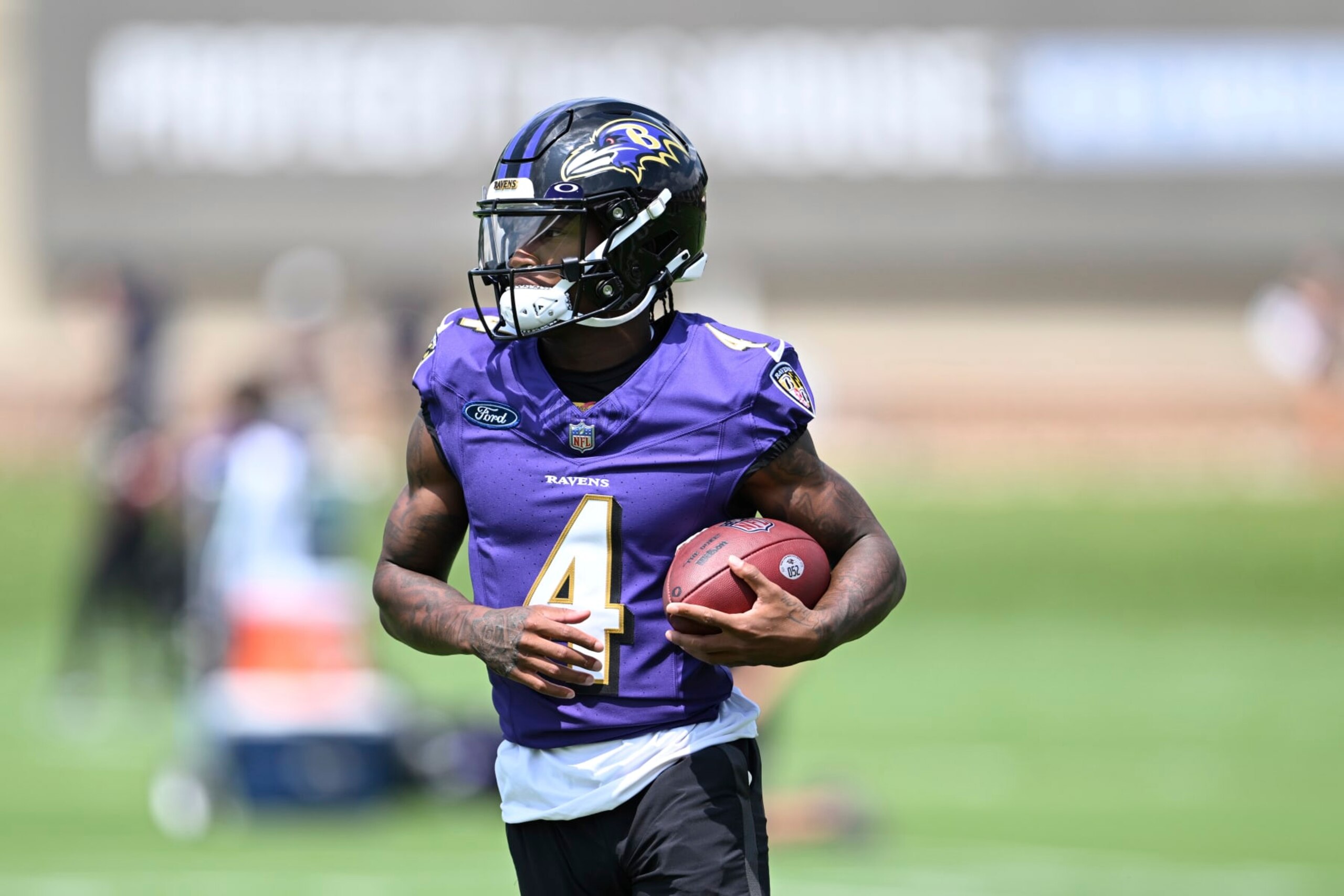 Baltimore Ravens wide receiver Zay Flowers works out during NFL football training camp practice Wednesday, July 26, 2023, in Owings Mills, Md. (AP Photo/Gail Burton)