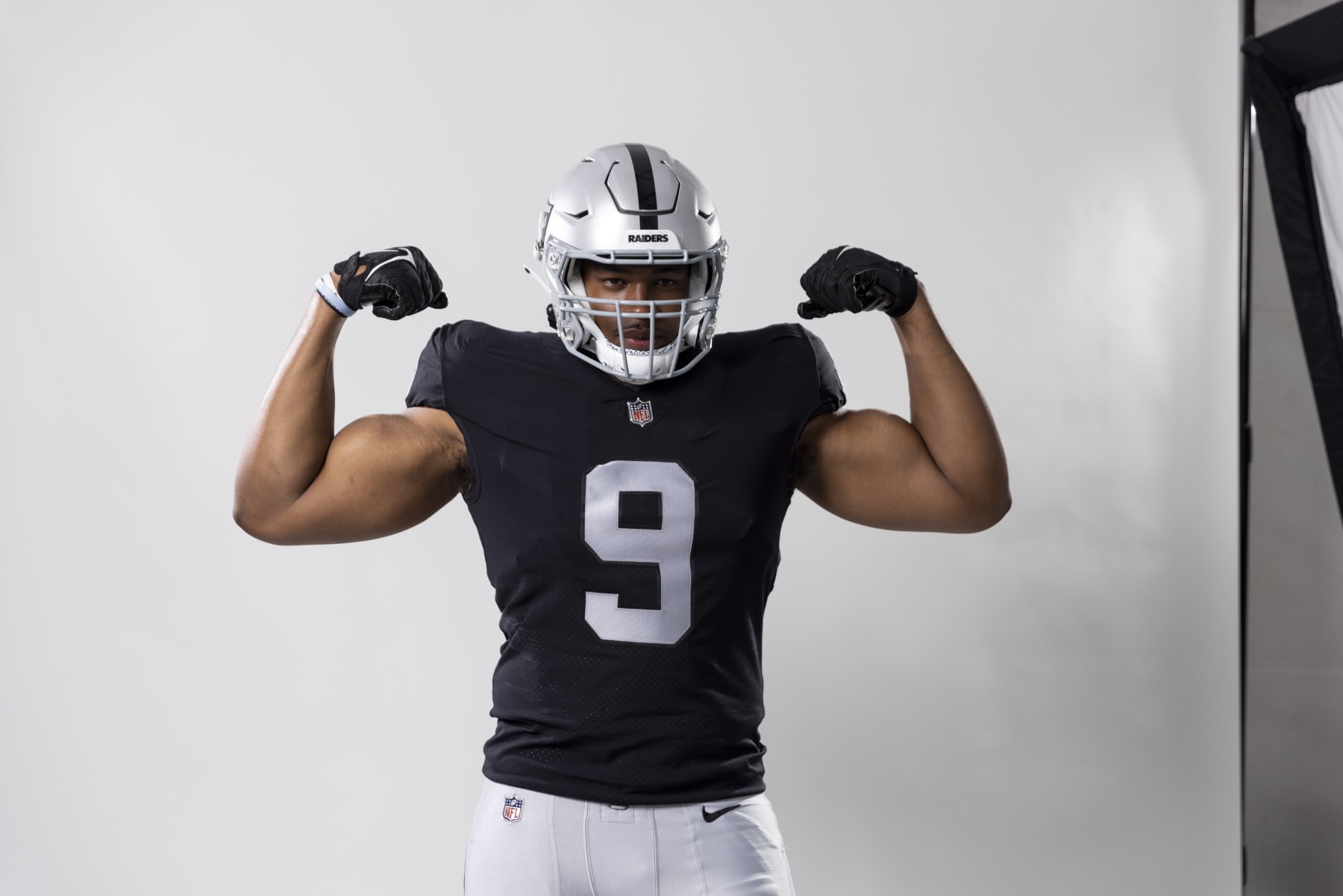 LOS ANGELES, CALIFORNIA - MAY 20: Tyree Wilson #9 of the Las Vegas Raiders poses for a portrait during the NFLPA Rookie Premiere on May 20, 2023 in Los Angeles, California. (Photo by Michael Owens/Getty Images)