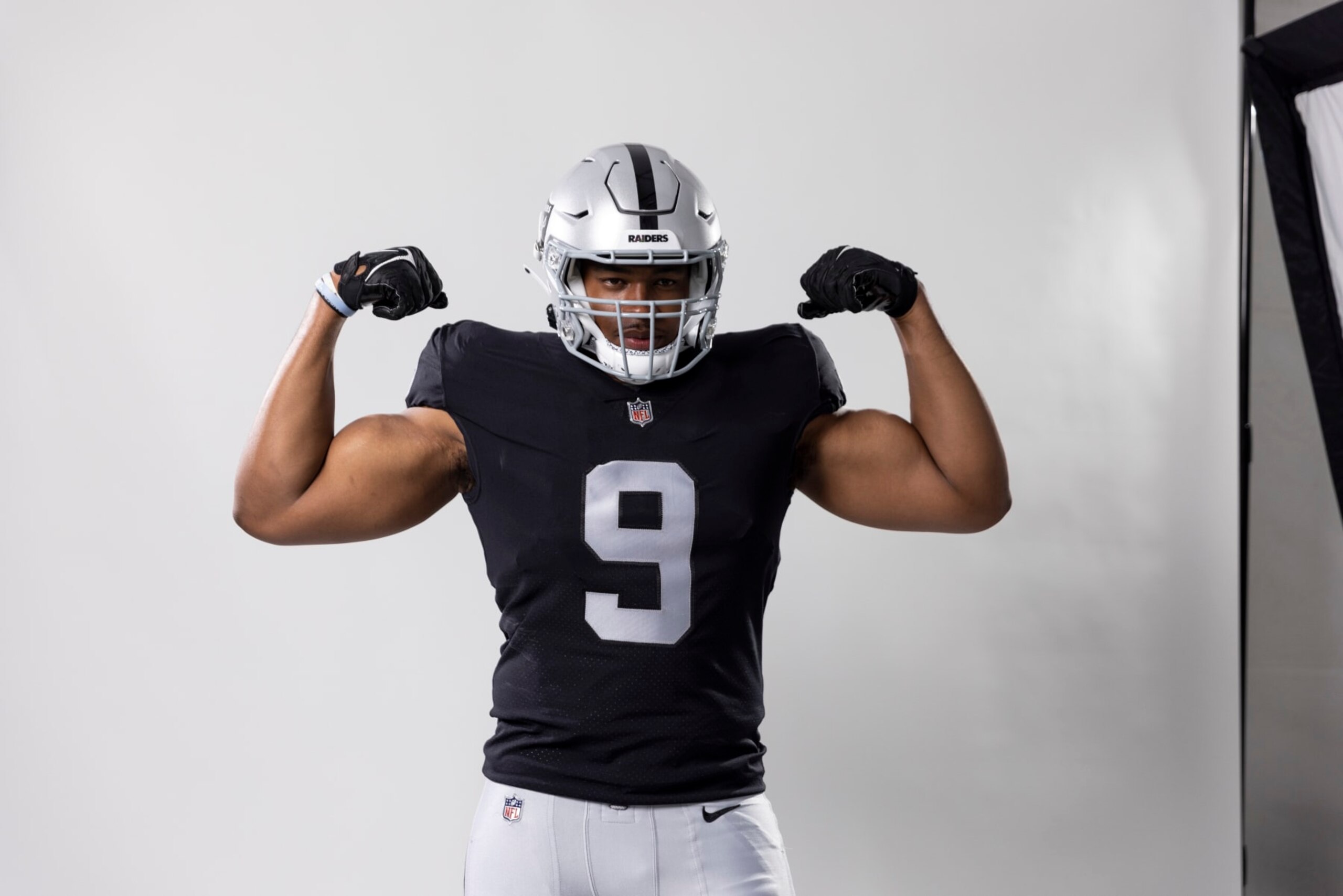 LOS ANGELES, CALIFORNIA - MAY 20: Tyree Wilson #9 of the Las Vegas Raiders poses for a portrait during the NFLPA Rookie Premiere on May 20, 2023 in Los Angeles, California. (Photo by Michael Owens/Getty Images)