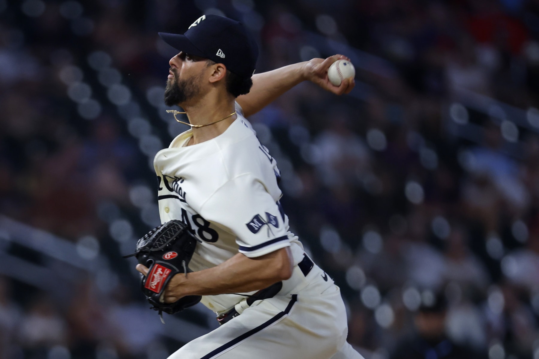 Minnesota Twins relief pitcher Jorge Lopez throws to the Seattle Mariners in the 10th inning of a baseball game Monday, July 24, 2023, in Minneapolis. (AP Photo/Bruce Kluckhohn)