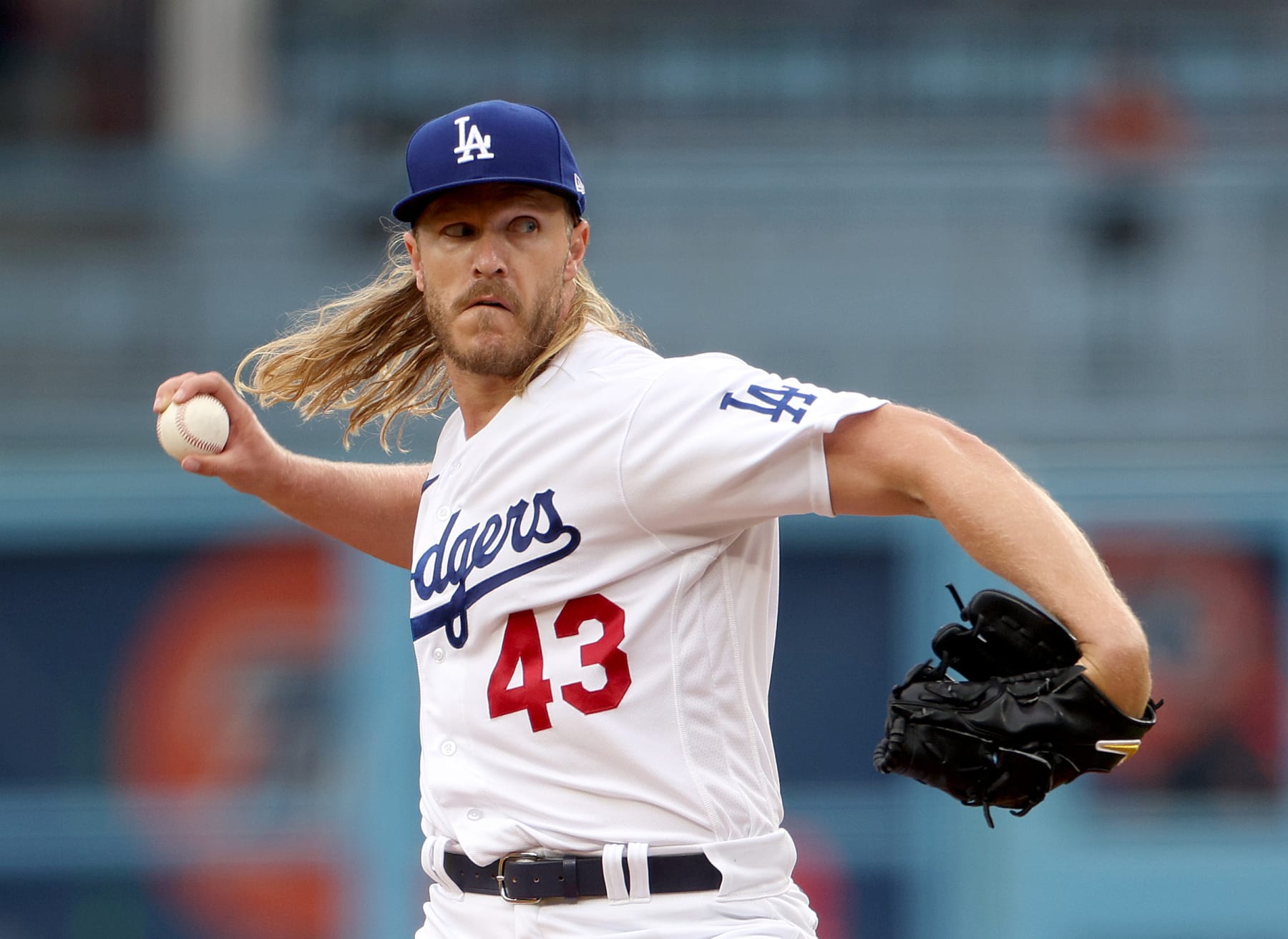 LOS ANGELES, CALIFORNIA - MAY 31: Noah Syndergaard #43 of the Los Angeles Dodgers pitches against the Washington Nationals during the first inning at Dodger Stadium on May 31, 2023 in Los Angeles, California. (Photo by Harry How/Getty Images)
