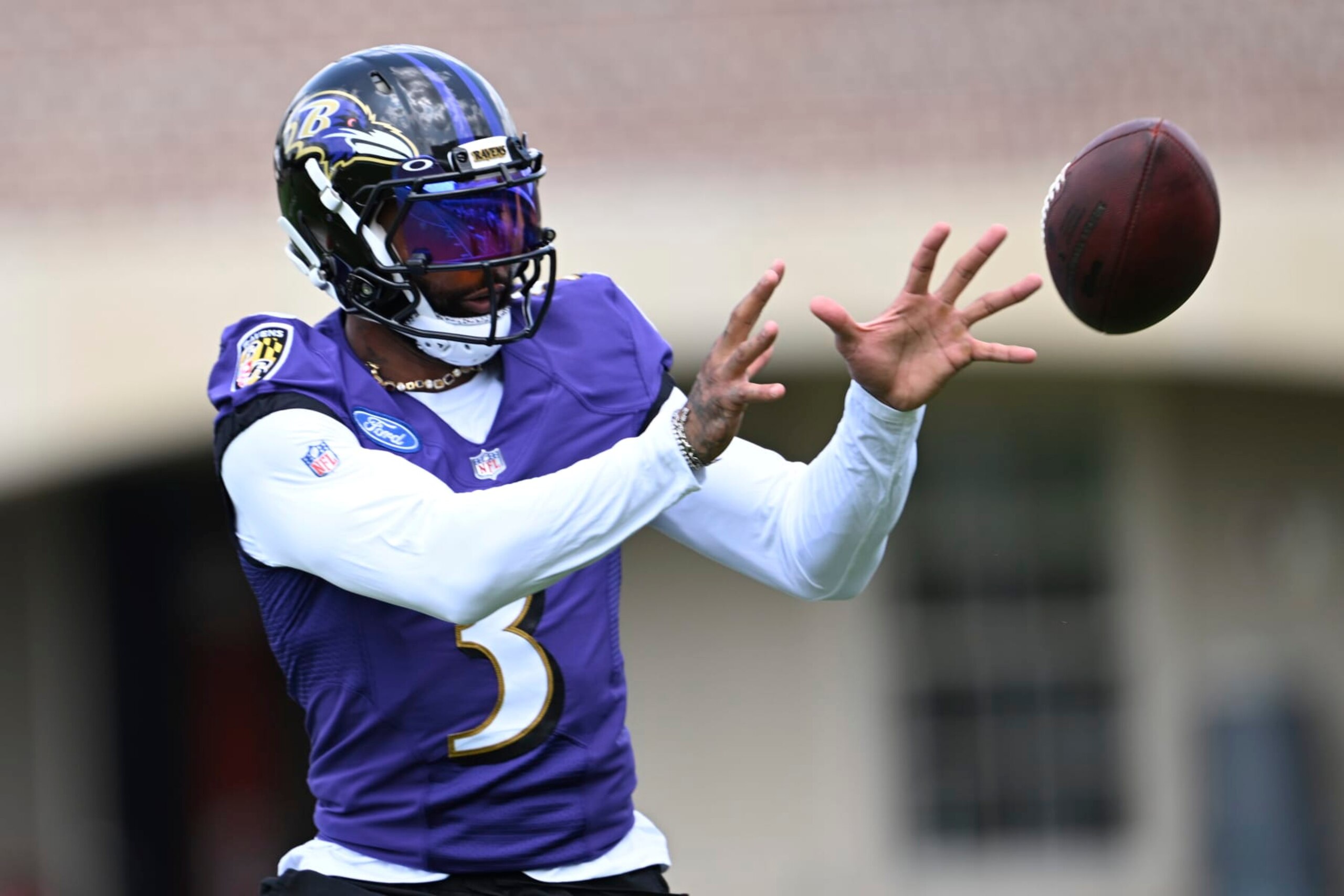 Baltimore Ravens wide receiver Odell Beckham Jr. works out during NFL football training camp practice Wednesday, July 26, 2023, in Owings Mills, Md. (AP Photo/Gail Burton)