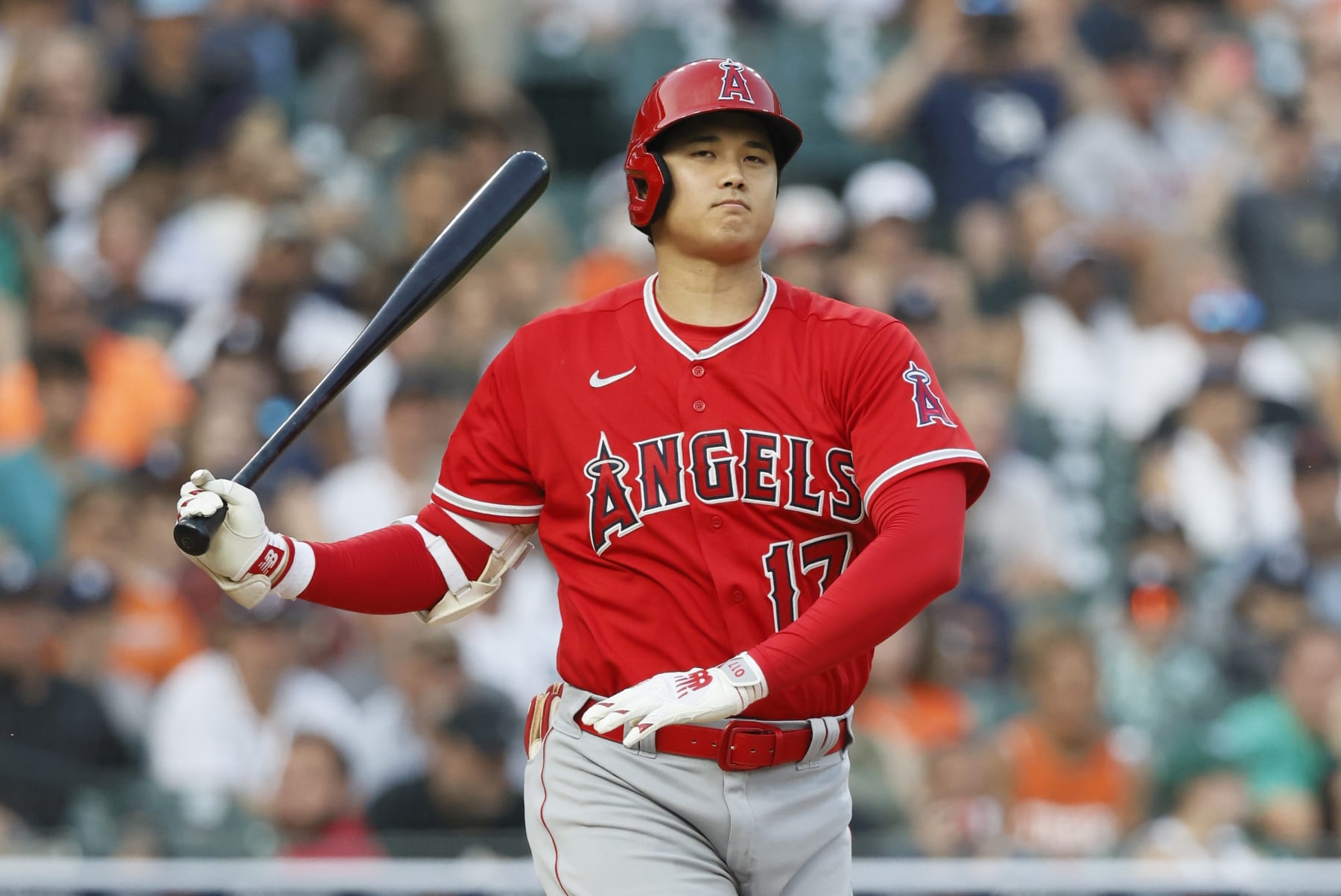 DETROIT, MI -  JULY 25: Shohei Ohtani #17 of the Los Angeles Angels during a fifth inning at-bat against the Detroit Tigers  at Comerica Park on July 25, 2023 in Detroit, Michigan. (Photo by Duane Burleson/Getty Images)