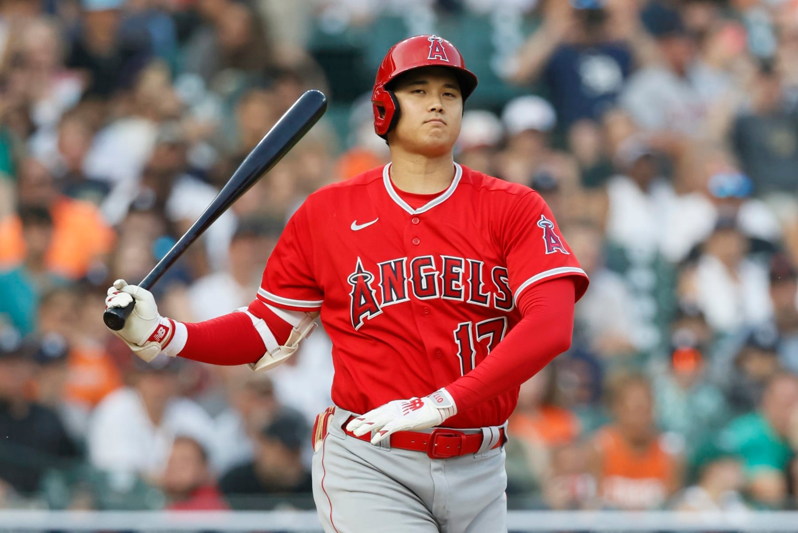 DETROIT, MI -  JULY 25: Shohei Ohtani #17 of the Los Angeles Angels during a fifth inning at-bat against the Detroit Tigers  at Comerica Park on July 25, 2023 in Detroit, Michigan. (Photo by Duane Burleson/Getty Images)