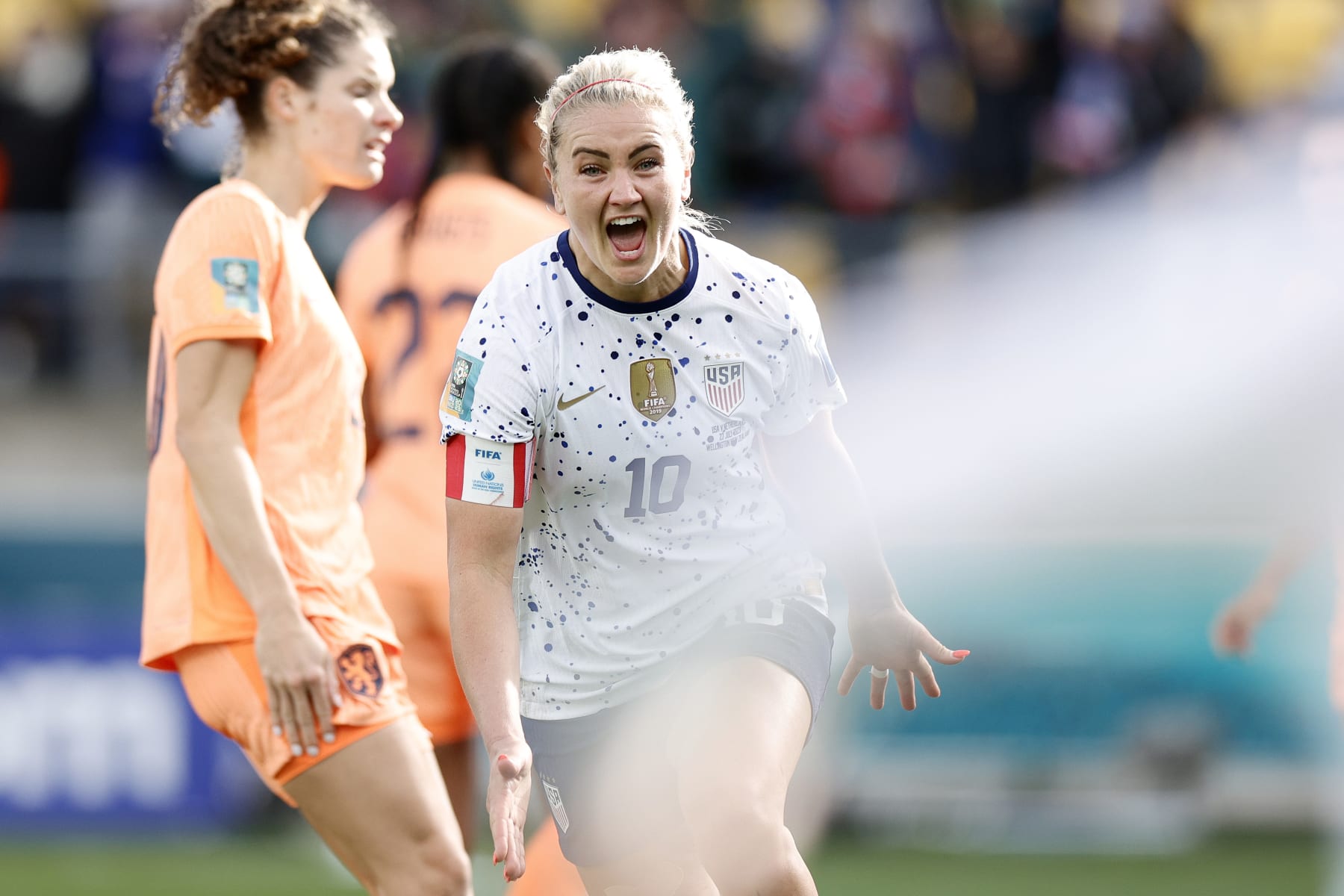 WELLINGTON, NEW ZEALAND - JULY 27: Lindsey Horan #10 of the United States celebrates scoring  during the second half against the Netherlands during the FIFA Women's World Cup Australia & New Zealand 2023 Group E match at Wellington Regional Stadium on July 27, 2023 in Wellington, New Zealand. (Photo by Carmen Mandato/USSF/Getty Images)