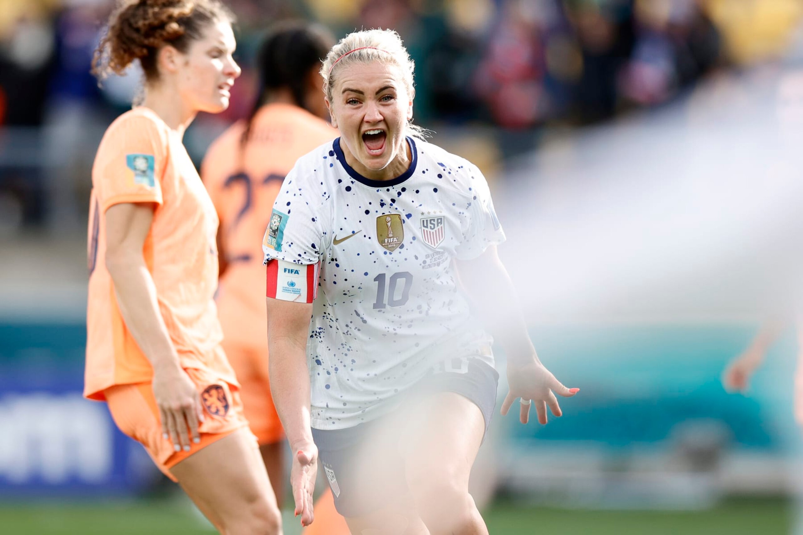 WELLINGTON, NEW ZEALAND - JULY 27: Lindsey Horan #10 of the United States celebrates scoring  during the second half against the Netherlands during the FIFA Women's World Cup Australia & New Zealand 2023 Group E match at Wellington Regional Stadium on July 27, 2023 in Wellington, New Zealand. (Photo by Carmen Mandato/USSF/Getty Images)