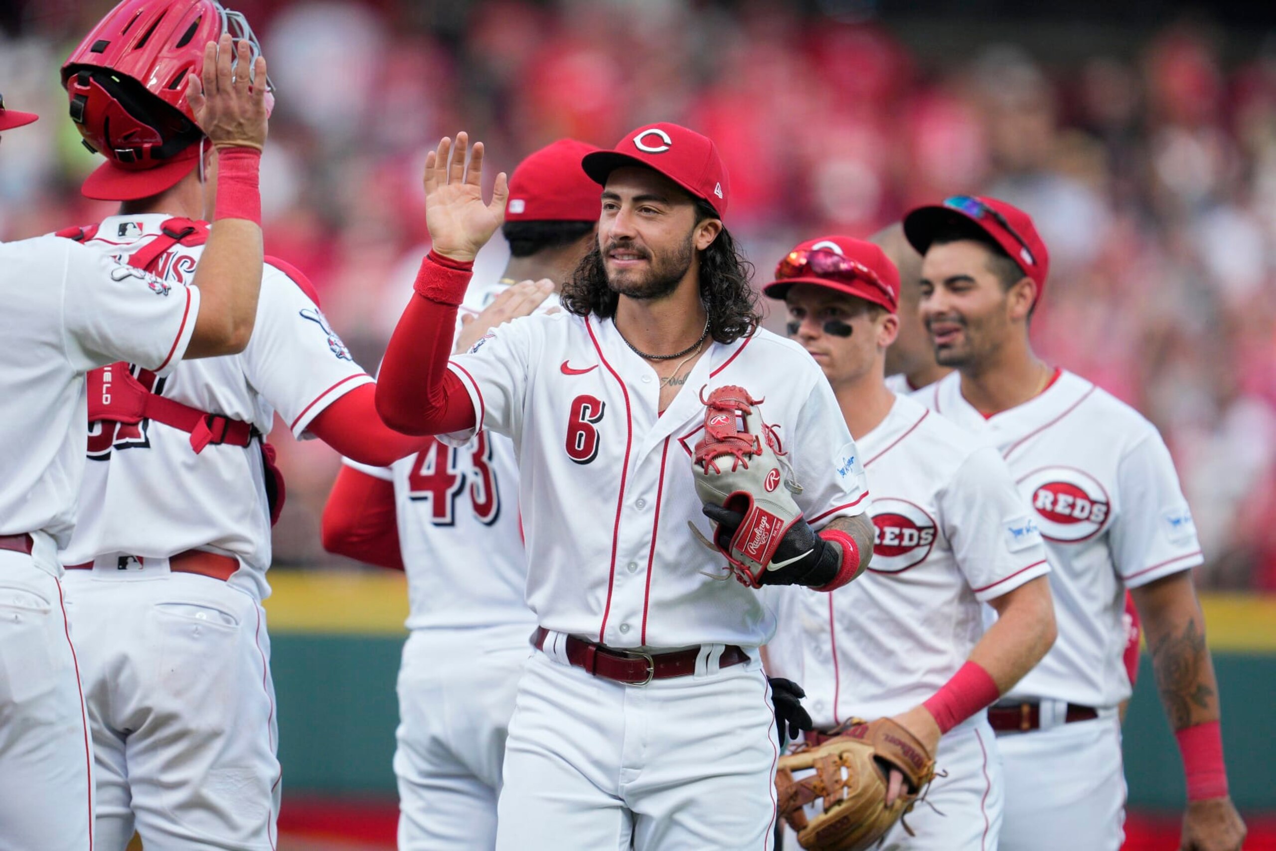 CINCINNATI, OHIO - JULY 22: Jonathan India #6 of the Cincinnati Reds celebrates with teammates after defeating the Arizona Diamondbacks in a baseball game at Great American Ball Park on July 22, 2023 in Cincinnati, Ohio. (Photo by Jeff Dean/Getty Images)