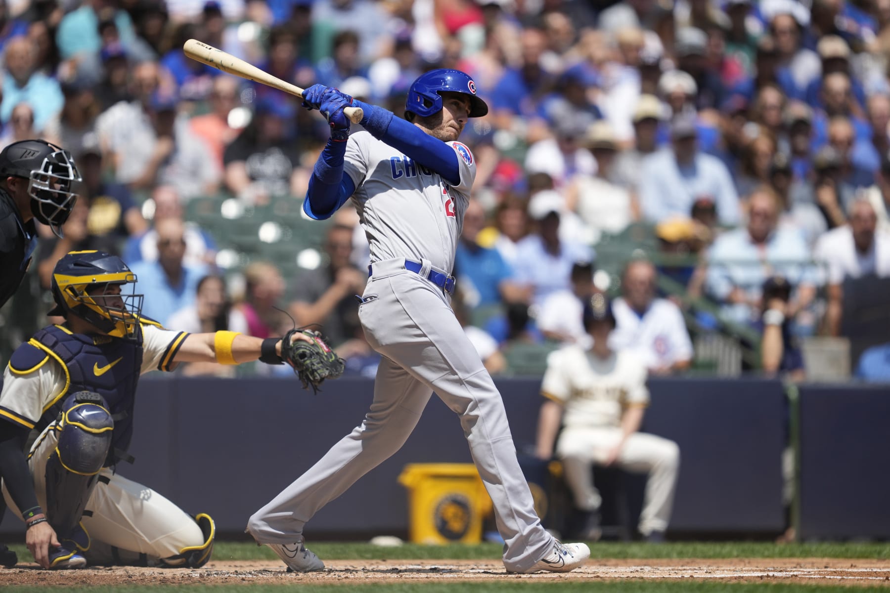 MILWAUKEE, WISCONSIN - JULY 06: Cody Bellinger #24 of the Chicago Cubs hits an RBI double against the Milwaukee Brewers in the second inning at American Family Field on July 06, 2023 in Milwaukee, Wisconsin. (Photo by Patrick McDermott/Getty Images)
