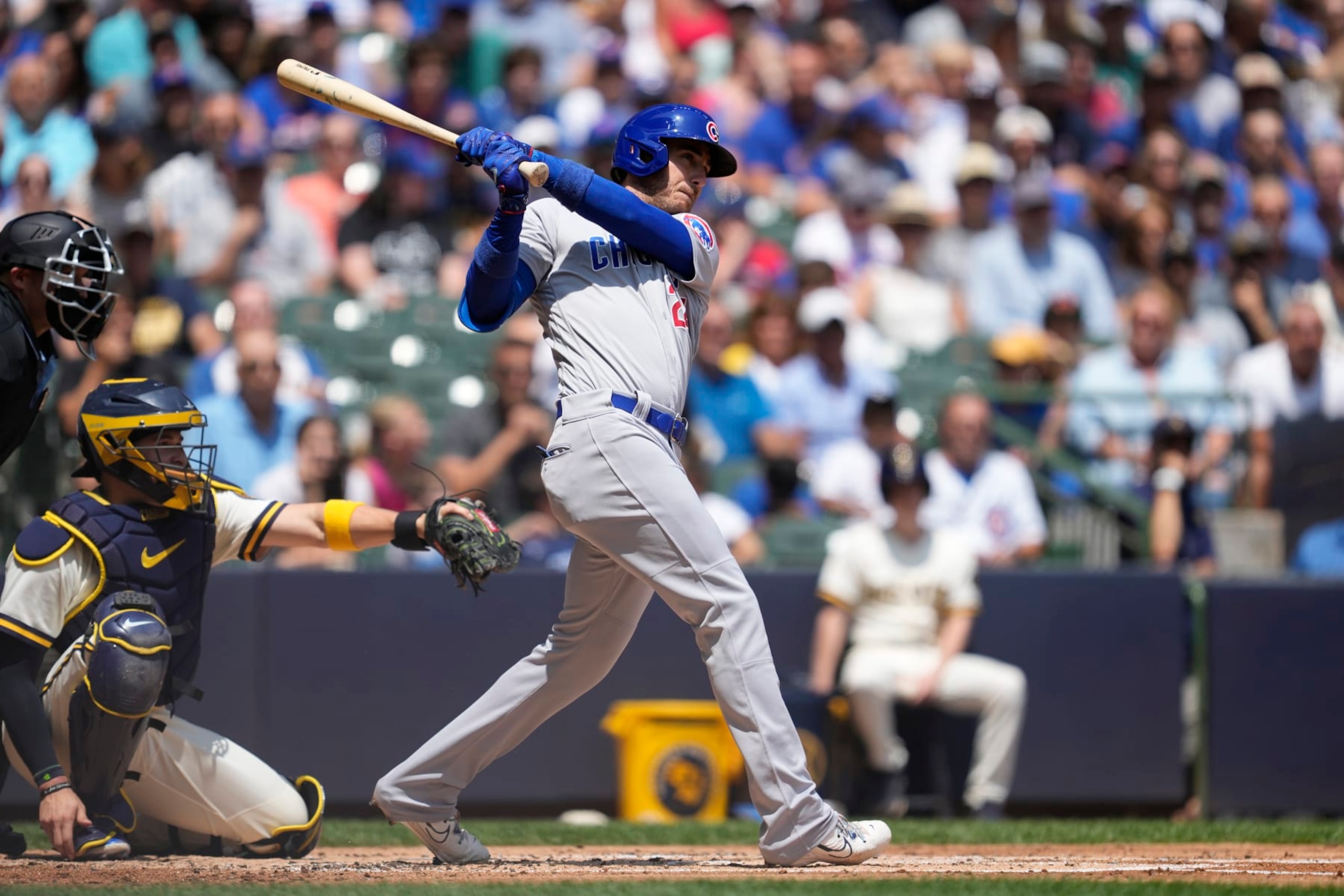 MILWAUKEE, WISCONSIN - JULY 06: Cody Bellinger #24 of the Chicago Cubs hits an RBI double against the Milwaukee Brewers in the second inning at American Family Field on July 06, 2023 in Milwaukee, Wisconsin. (Photo by Patrick McDermott/Getty Images)