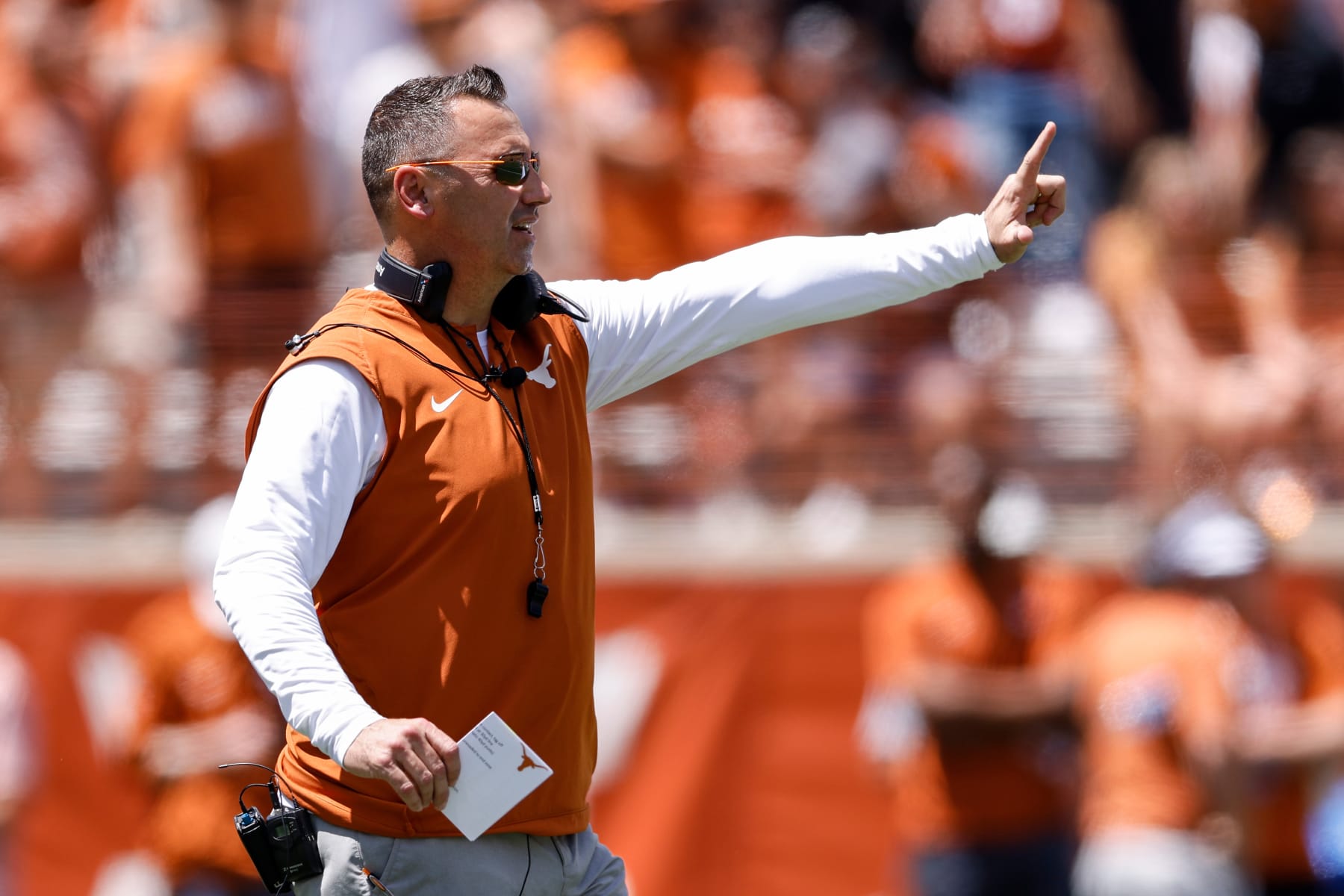 AUSTIN, TEXAS - APRIL 15: Head coach Steve Sarkisian of the Texas Longhorns reacts during the Texas Football Orange-White Spring Football Game at Darrell K Royal-Texas Memorial Stadium on April 15, 2023 in Austin, Texas. (Photo by Tim Warner/Getty Images)