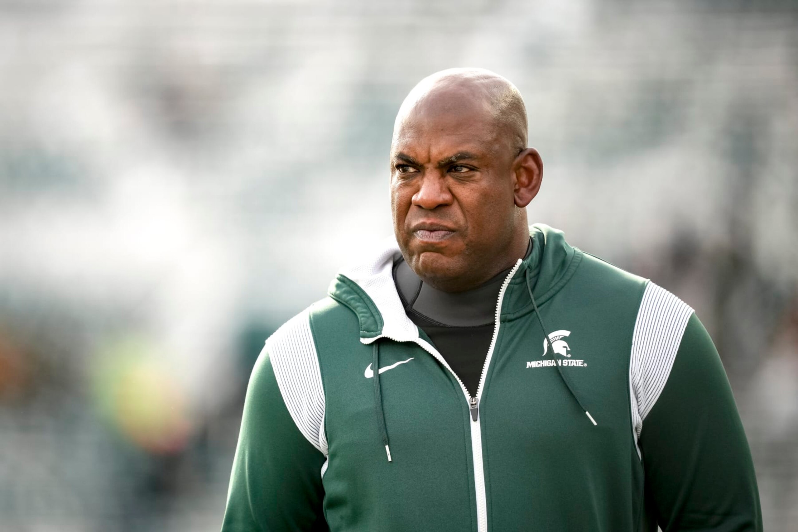 EAST LANSING, MICHIGAN - NOVEMBER 19: Head coach Mel Tucker of the Michigan State Spartans looks on before the game against the Indiana Hoosiers at Spartan Stadium on November 19, 2022 in East Lansing, Michigan. (Photo by Nic Antaya/Getty Images)