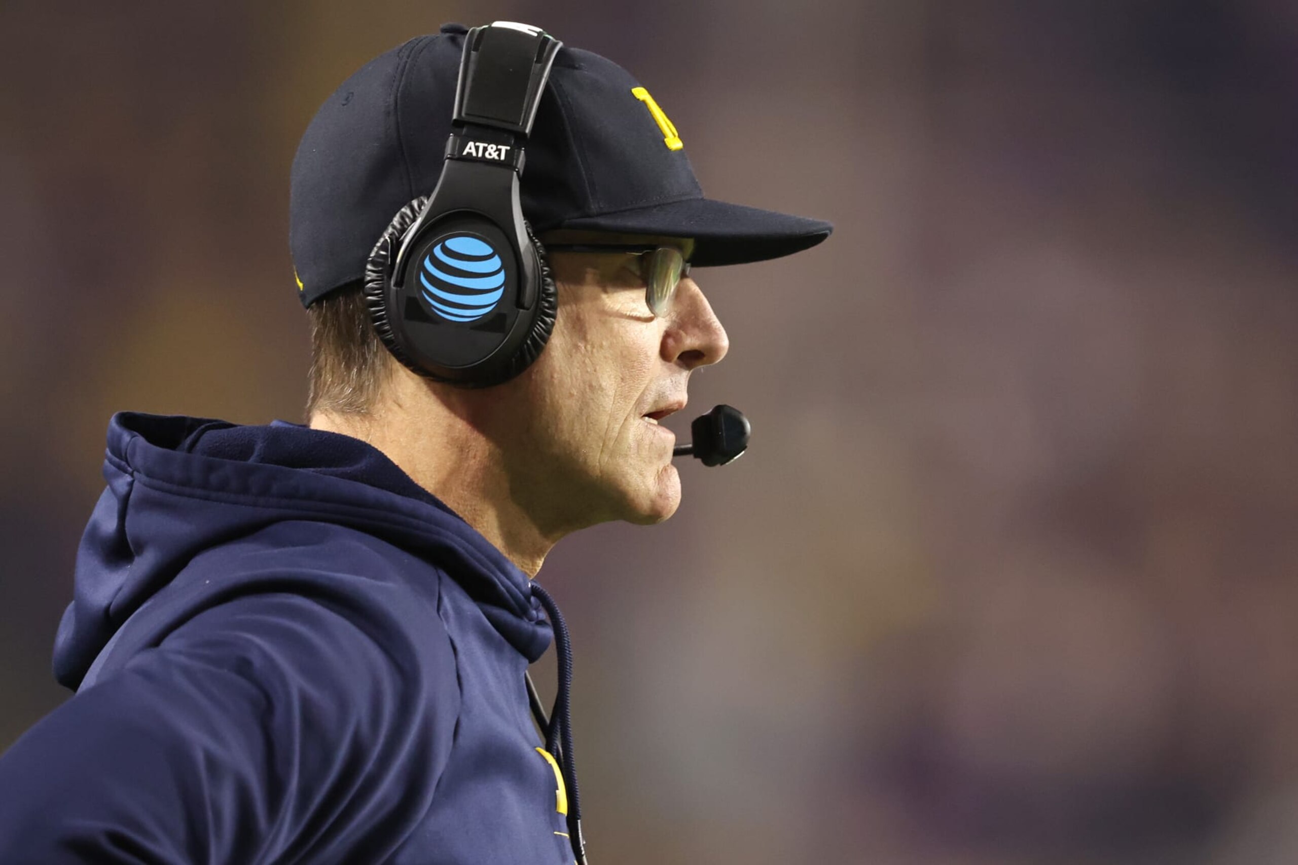 GLENDALE, ARIZONA - DECEMBER 31: Head coach Jim Harbaugh of the Michigan Wolverines is seen on the sideline during the second half against the TCU Horned Frogs in the Vrbo Fiesta Bowl at State Farm Stadium on December 31, 2022 in Glendale, Arizona. (Photo by Christian Petersen/Getty Images)