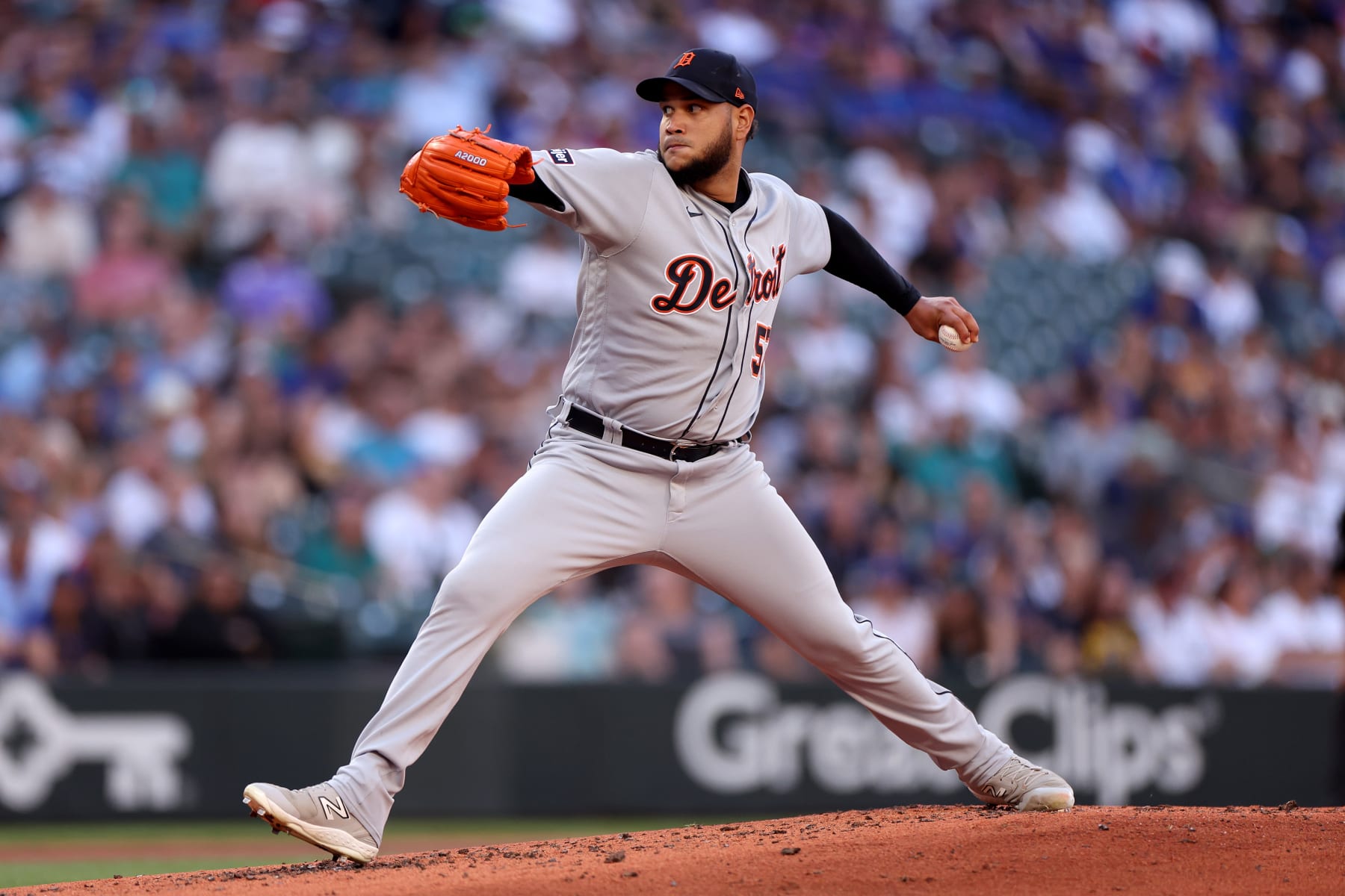 SEATTLE, WASHINGTON - JULY 14: Eduardo Rodriguez #57 of the Detroit Tigers pitches against the Seattle Mariners during the second inning at T-Mobile Park on July 14, 2023 in Seattle, Washington. (Photo by Steph Chambers/Getty Images)