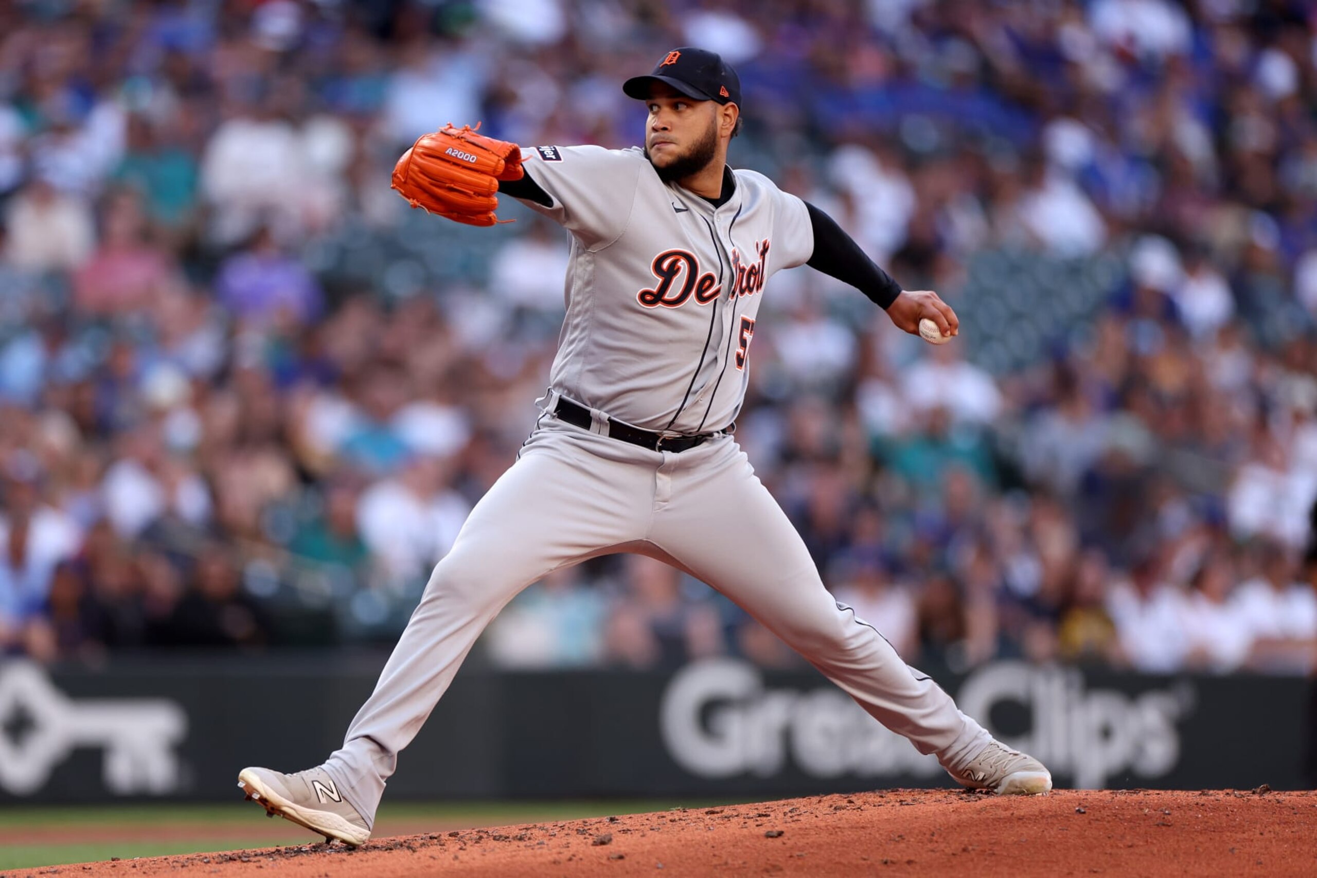 SEATTLE, WASHINGTON - JULY 14: Eduardo Rodriguez #57 of the Detroit Tigers pitches against the Seattle Mariners during the second inning at T-Mobile Park on July 14, 2023 in Seattle, Washington. (Photo by Steph Chambers/Getty Images)