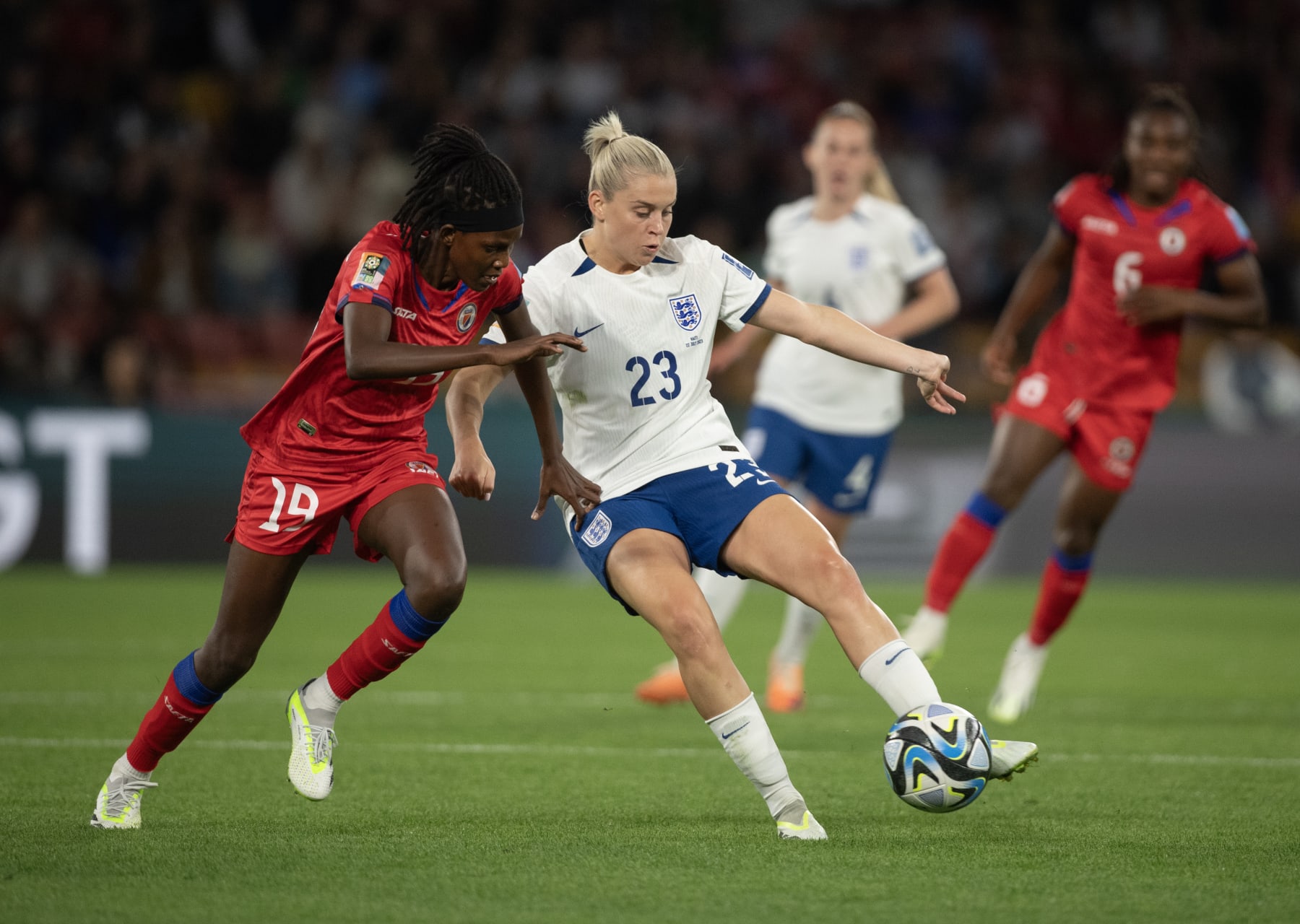 BRISBANE, AUSTRALIA - JULY 22: Alessia Russo of England and Dayana Pierre-Louis of Haiti in action during the FIFA Women's World Cup Australia & New Zealand 2023 Group D match between England and Haiti at Brisbane Stadium on July 22, 2023 in Brisbane, Australia. (Photo by Joe Prior/Visionhaus via Getty Images)