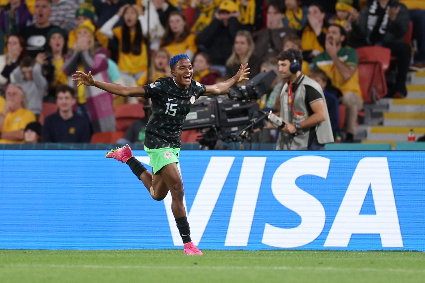 BRISBANE, AUSTRALIA - JULY 27: Rasheedat Ajibade of Nigeria celebrates her team's second goal scored by Osinachi Ohale (not pictured) during the FIFA Women's World Cup Australia & New Zealand 2023 Group B match between Australia and Nigeria at Brisbane Stadium on July 27, 2023 in Brisbane, Australia. (Photo by Elsa - FIFA/FIFA via Getty Images) BRISBANE, AUSTRALIA - JULY 27: Rasheedat Ajibade of Nigeria celebrates her team's second goal scored by Osinachi Ohale (not pictured) during the FIFA Women's World Cup Australia & New Zealand 2023 Group B match between Australia and Nigeria at Brisbane Stadium on July 27, 2023 in Brisbane, Australia. (Photo by Elsa - FIFA/FIFA via Getty Images)
