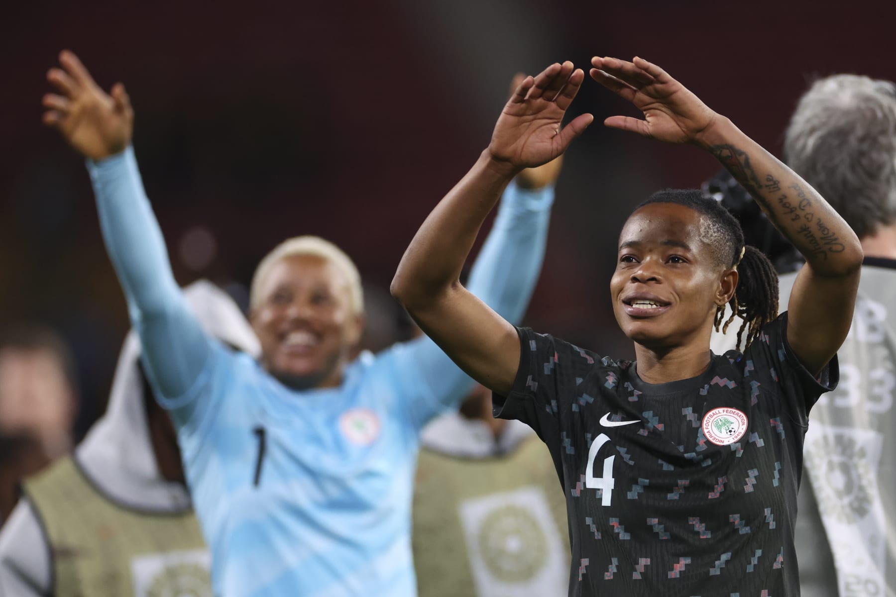Nigeria's Glory Ogbonna reacts after defeating Australia at the end of the Women's World Cup Group B soccer match between Australia and Nigeria in Brisbane, Australia, Thursday, July 27, 2023. Nigeria won 3-2. (AP Photo/Aisha Schulz) Nigeria's Glory Ogbonna reacts after defeating Australia at the end of the Women's World Cup Group B soccer match between Australia and Nigeria in Brisbane, Australia, Thursday, July 27, 2023. Nigeria won 3-2. (AP Photo/Aisha Schulz)