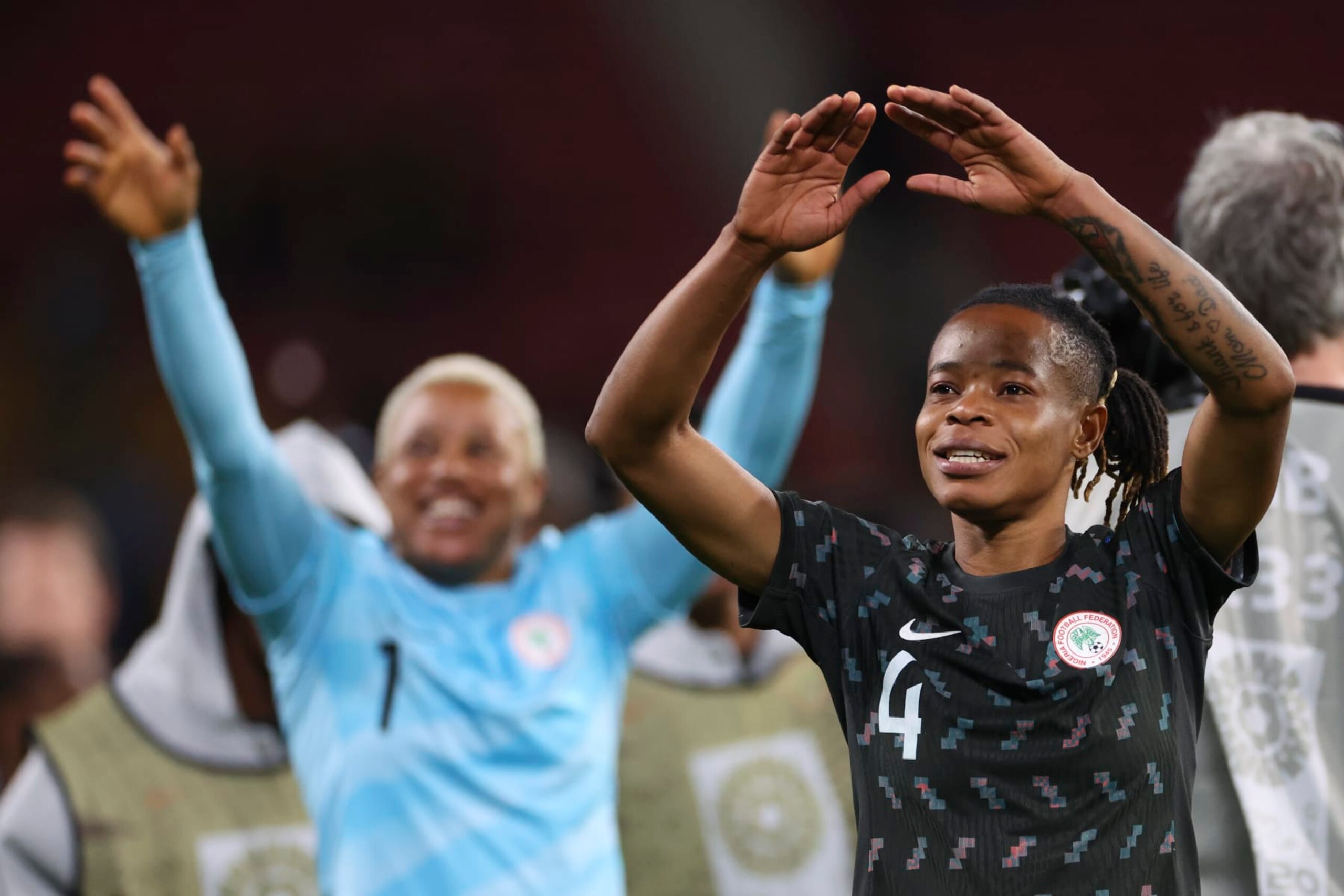Nigeria's Glory Ogbonna reacts after defeating Australia at the end of the Women's World Cup Group B soccer match between Australia and Nigeria in Brisbane, Australia, Thursday, July 27, 2023. Nigeria won 3-2. (AP Photo/Aisha Schulz)