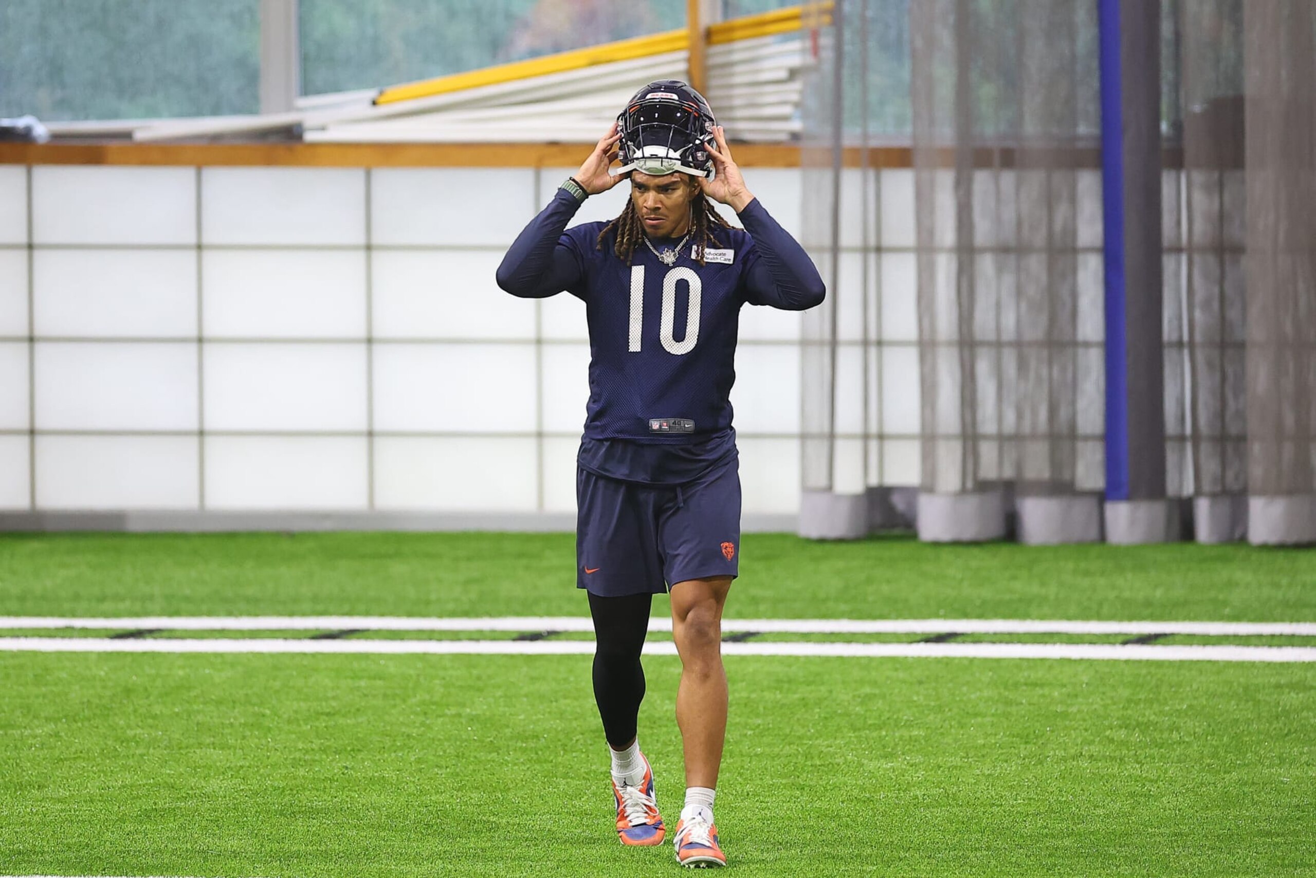 LAKE FOREST, ILLINOIS - JULY 26: Chase Claypool #10 of the Chicago Bears looks on during training camp at Halas Hall on July 26, 2023 in Lake Forest, Illinois. (Photo by Michael Reaves/Getty Images)