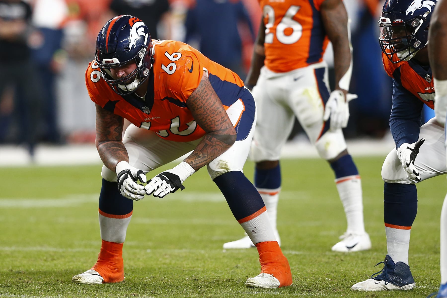 DENVER, CO - OCTOBER 06: Denver Broncos Offensive Guard Dalton Risner (66) during an NFL game between the Indianapolis Colts and the Denver Broncos on October 06, 2022 at Empower Field at Mile High in Denver CO. (Photo by Jeffrey Brown/Icon Sportswire via Getty Images)