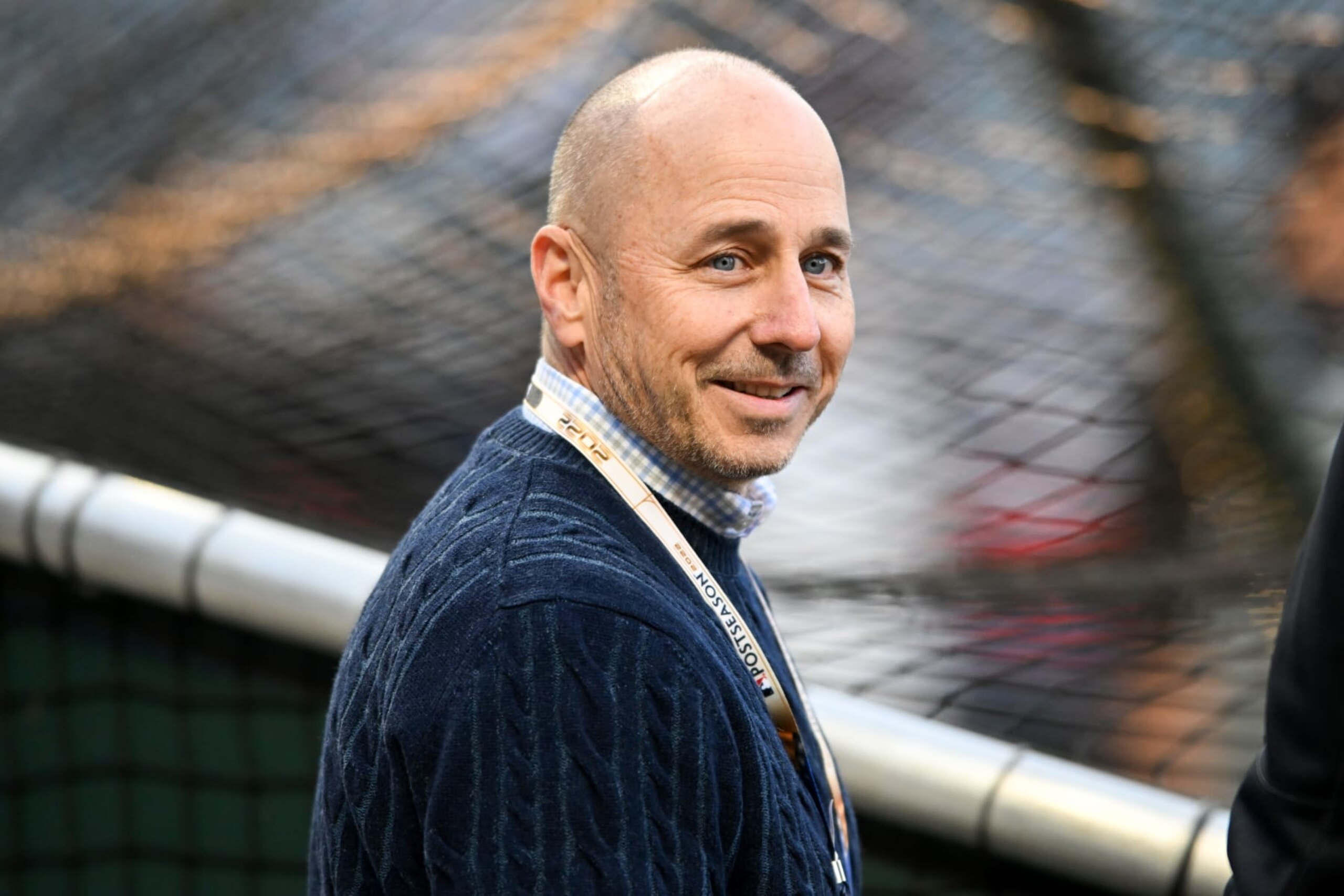 CLEVELAND, OH - OCTOBER 15, 2022: Senior Vice President, general manager Brian Cashman of the New York Yankees looks on prior to Game 3 of the American League Division Series against the Cleveland Guardians at Progressive Field on October 15, 2022 in Cleveland, Ohio. (Photo by Nick Cammett/Diamond Images via Getty Images)