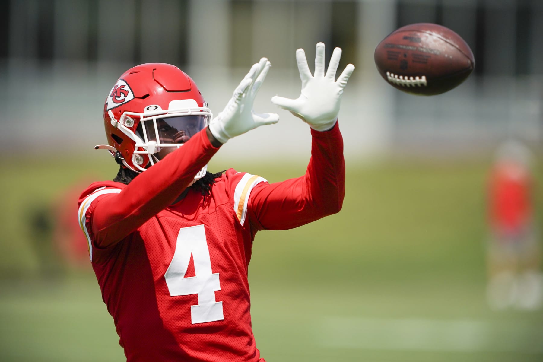 KANSAS CITY, MISSOURI - JUNE 13: Rashee Rice #4 of the Kansas City Chiefs runs through a drill during Chiefs Mini Camp on June 13, 2023 at Arrowhead Stadium in Kansas City, Missouri. (Photo by Kyle Rivas/Getty Images)