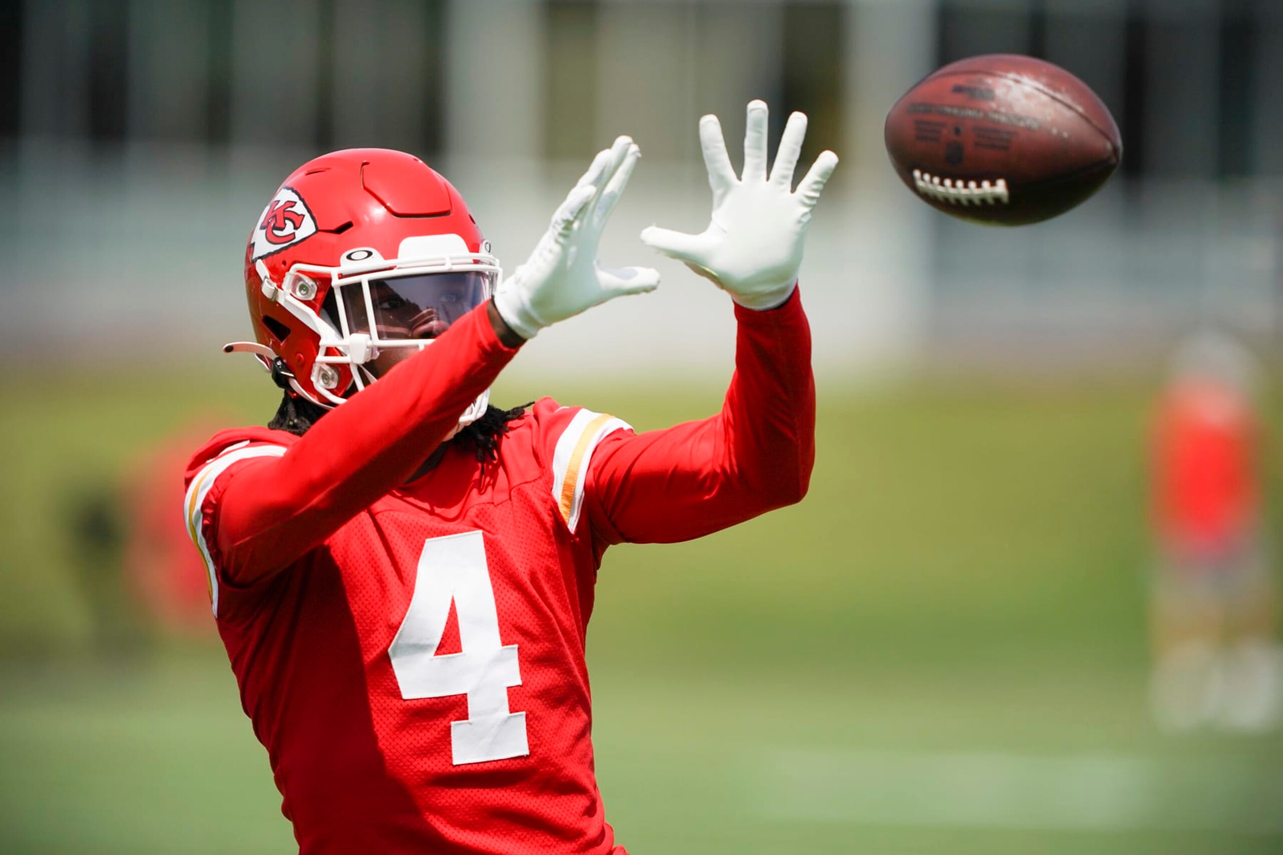 KANSAS CITY, MISSOURI - JUNE 13: Rashee Rice #4 of the Kansas City Chiefs runs through a drill during Chiefs Mini Camp on June 13, 2023 at Arrowhead Stadium in Kansas City, Missouri. (Photo by Kyle Rivas/Getty Images) KANSAS CITY, MISSOURI - JUNE 13: Rashee Rice #4 of the Kansas City Chiefs runs through a drill during Chiefs Mini Camp on June 13, 2023 at Arrowhead Stadium in Kansas City, Missouri. (Photo by Kyle Rivas/Getty Images)
