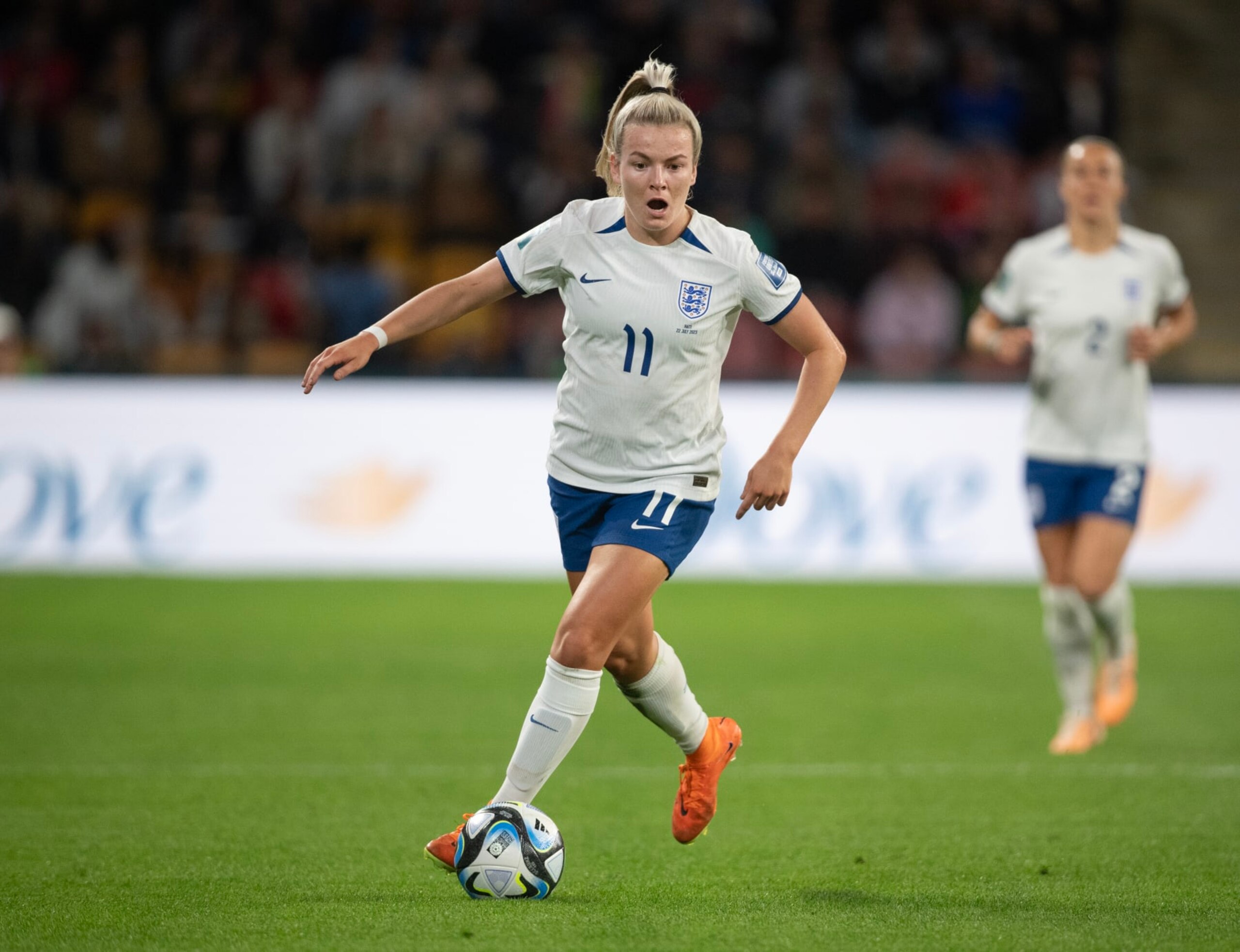 BRISBANE, AUSTRALIA - JULY 22: Lauren Hemp of England in action during the FIFA Women's World Cup Australia & New Zealand 2023 Group D match between England and Haiti at Brisbane Stadium on July 22, 2023 in Brisbane, Australia. (Photo by Joe Prior/Visionhaus via Getty Images)