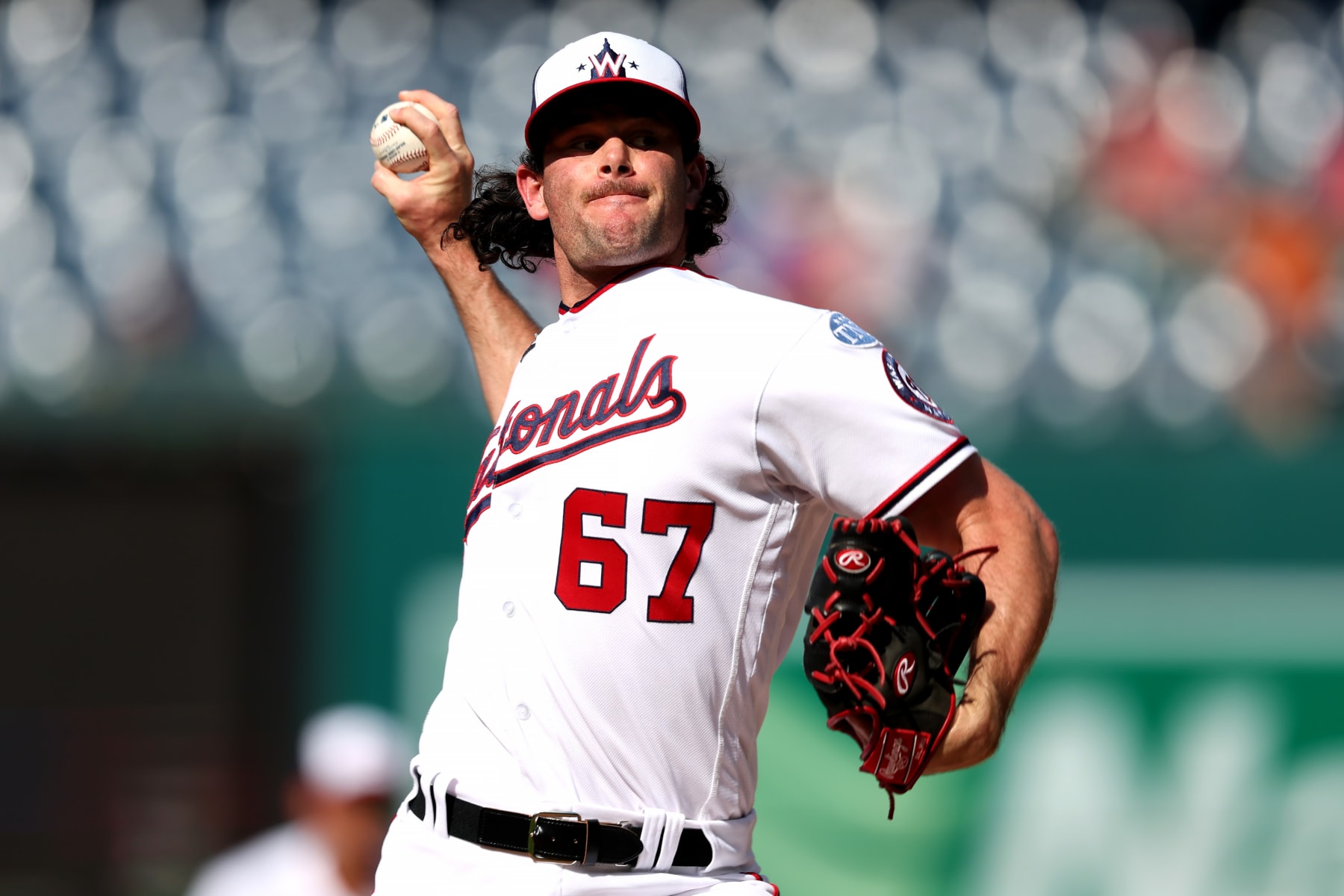 WASHINGTON, DC - JULY 06: Kyle Finnegan #67 of the Washington Nationals pitches against the Cincinnati Reds at Nationals Park on July 06, 2023 in Washington, DC. (Photo by Rob Carr/Getty Images)