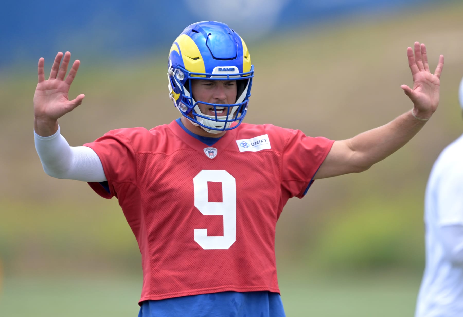 THOUSAND OAKS, CALIFORNIA - JUNE 13: Quarterback Matthew Stafford #9 of the Los Angeles Rams participates in drills during mini-camp at California Lutheran University on June 13, 2023 in Thousand Oaks, California. (Photo by Jayne Kamin-Oncea/Getty Images)