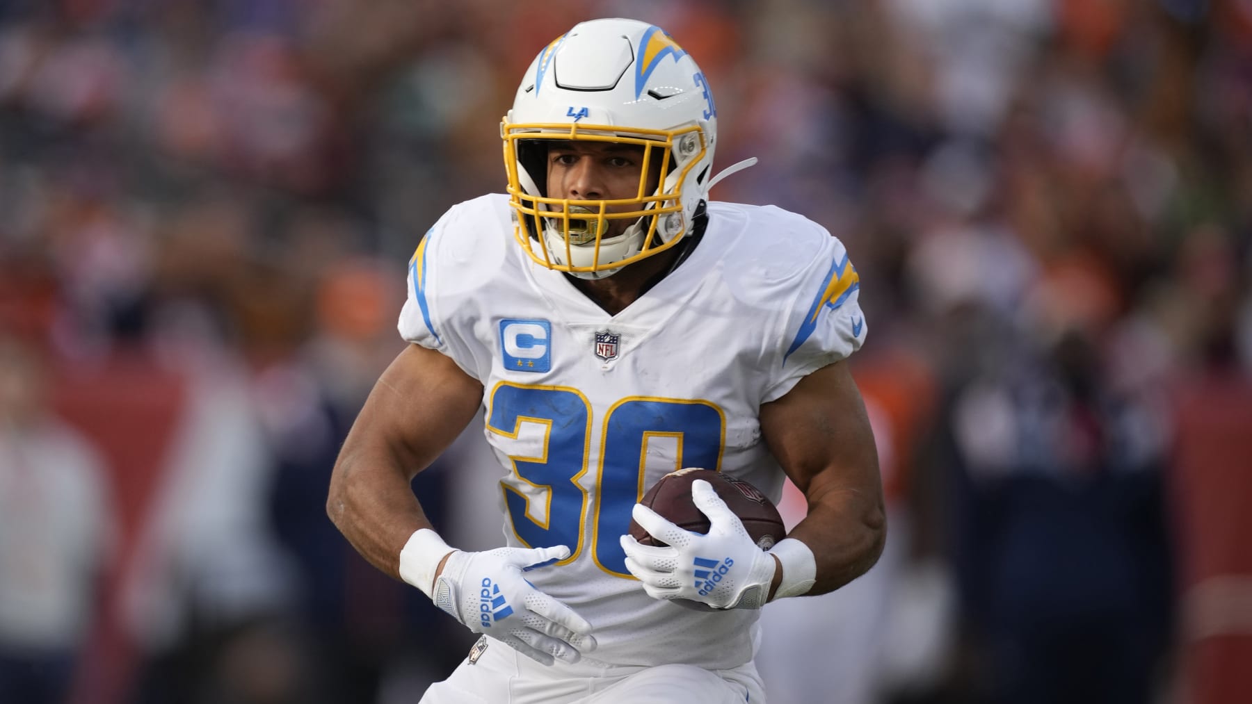 Los Angeles Chargers running back Austin Ekeler (30) in an NFL football game Sunday, Jan. 8, 2023, in Denver. (AP Photo/David Zalubowski)