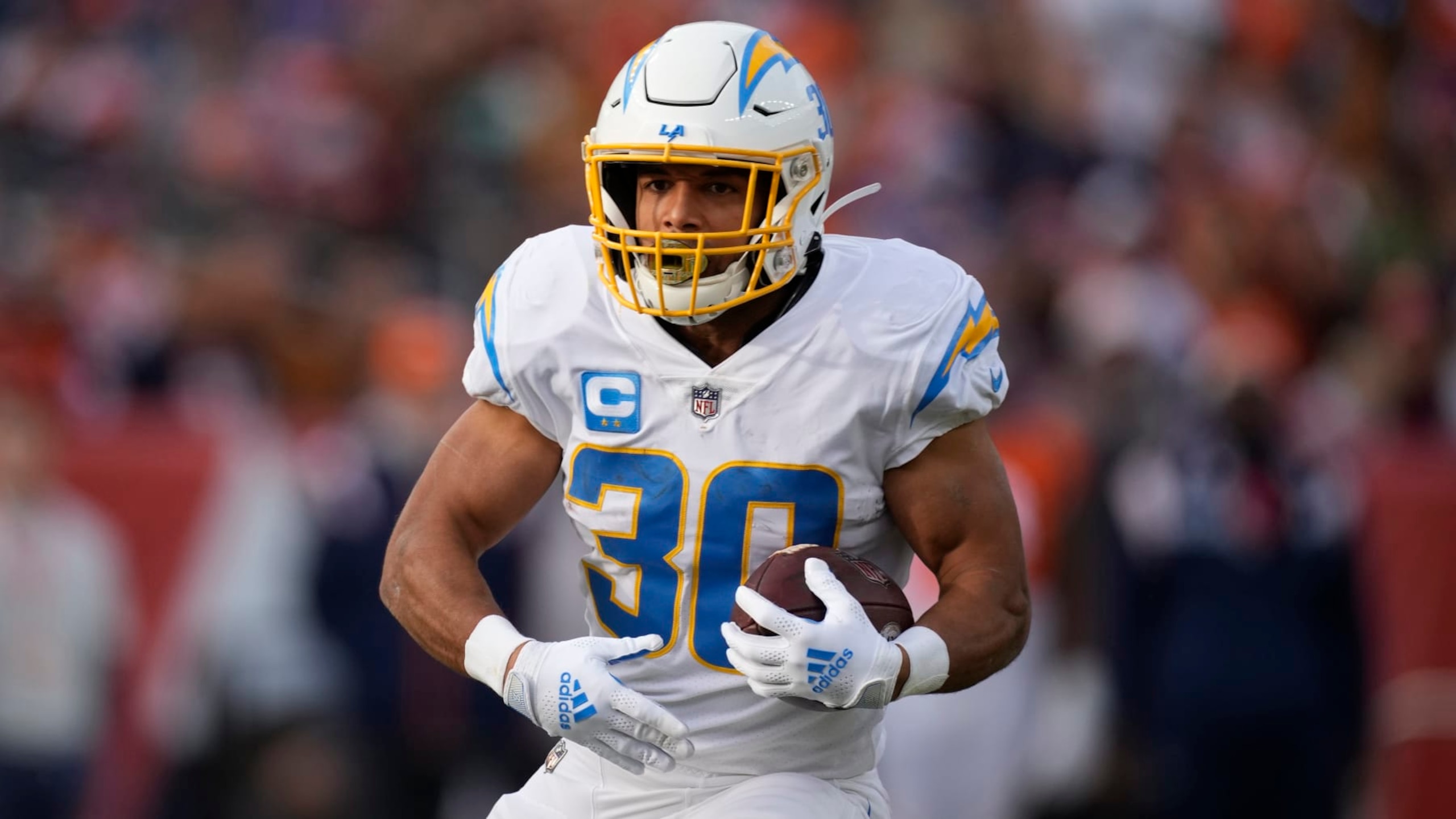 Los Angeles Chargers running back Austin Ekeler (30) in an NFL football game Sunday, Jan. 8, 2023, in Denver. (AP Photo/David Zalubowski)