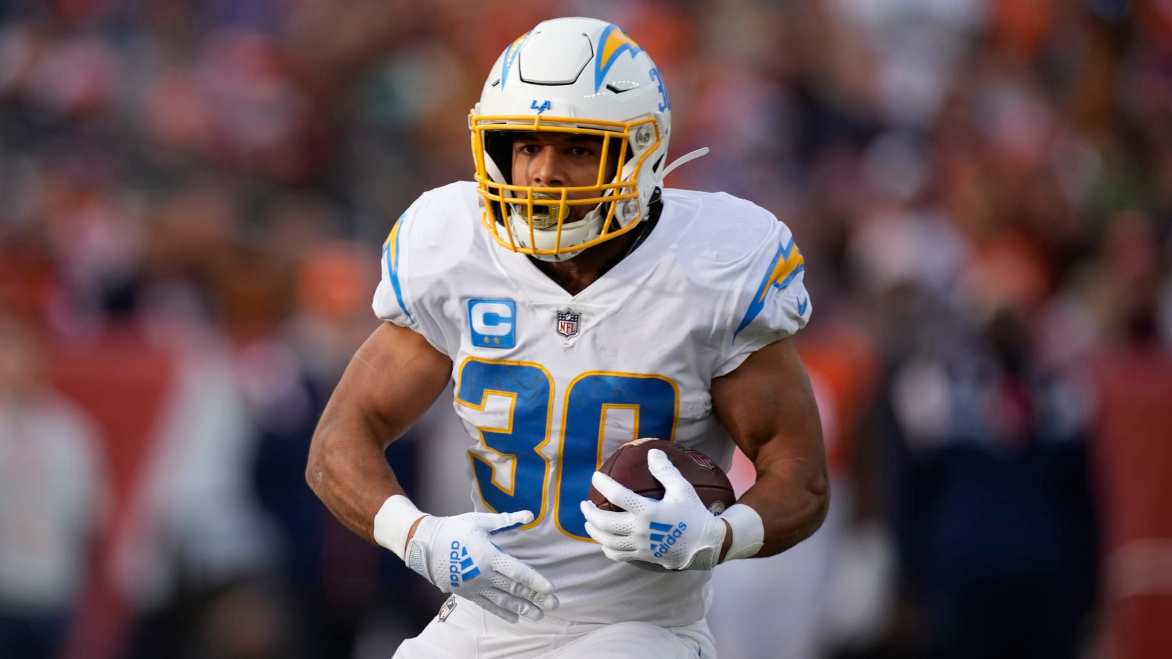 Los Angeles Chargers running back Austin Ekeler (30) in an NFL football game Sunday, Jan. 8, 2023, in Denver. (AP Photo/David Zalubowski)