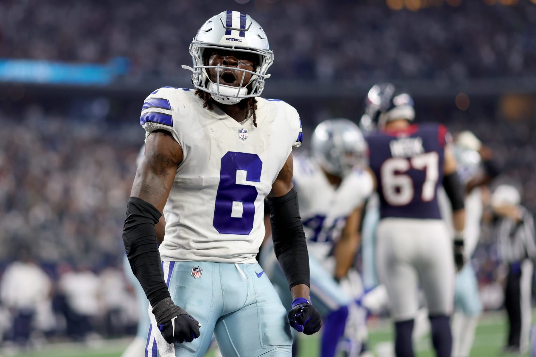 ARLINGTON, TEXAS - DECEMBER 11: Safety Donovan Wilson #6 of the Dallas Cowboys reacts against the Houston Texans in the fourth quarter at AT&T Stadium on December 11, 2022 in Arlington, Texas. (Photo by Tom Pennington/Getty Images)