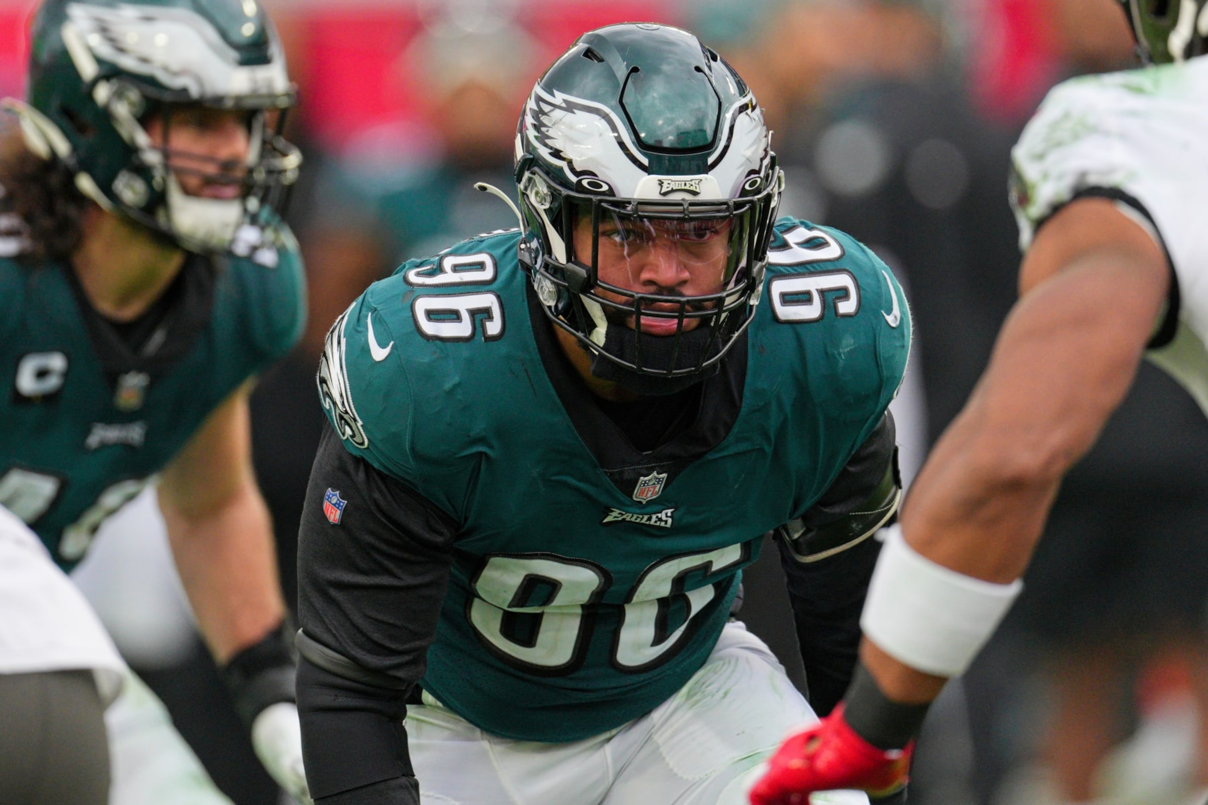 TAMPA, FL - JANUARY 16: Philadelphia Eagles defensive end Derek Barnett (96) waits for the snap during the game between the Philadelphia Eagles and the Tampa Bay Buccaneers on January 16, 2022 at Raymond James Stadium in Tampa, FL. (Photo by Andy Lewis/Icon Sportswire via Getty Images) TAMPA, FL - JANUARY 16: Philadelphia Eagles defensive end Derek Barnett (96) waits for the snap during the game between the Philadelphia Eagles and the Tampa Bay Buccaneers on January 16, 2022 at Raymond James Stadium in Tampa, FL. (Photo by Andy Lewis/Icon Sportswire via Getty Images)