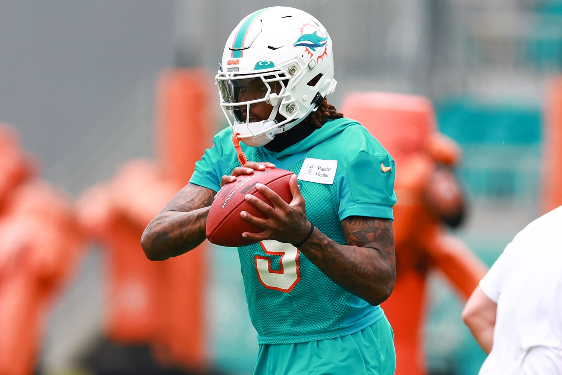 MIAMI GARDENS, FLORIDA - JULY 26: Jalen Ramsey #5 of the Miami Dolphins takes part in a drill during training camp at Baptist Health Training Complex on July 26, 2023 in Miami Gardens, Florida. (Photo by Megan Briggs/Getty Images)