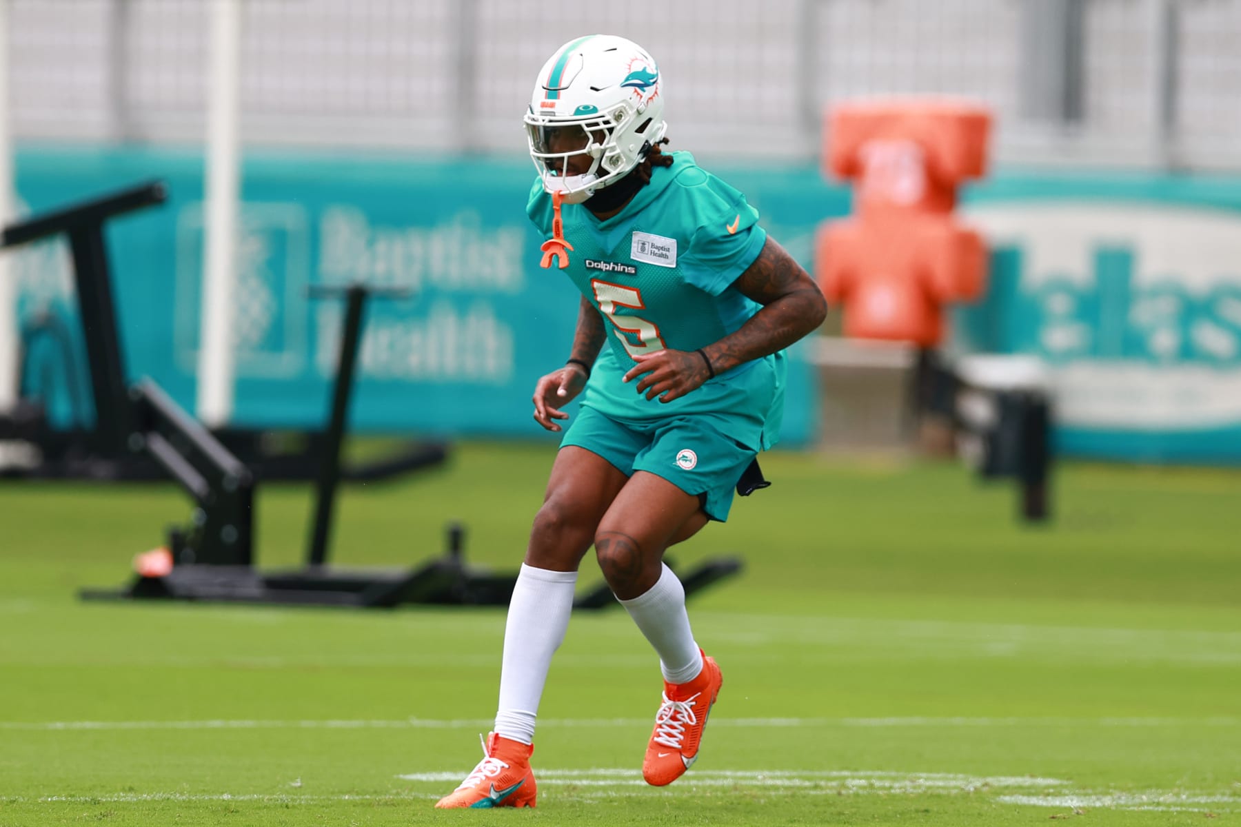 MIAMI GARDENS, FLORIDA - JULY 26: Jalen Ramsey #5 of the Miami Dolphins takes part in a drill during training camp at Baptist Health Training Complex on July 26, 2023 in Miami Gardens, Florida. (Photo by Megan Briggs/Getty Images)