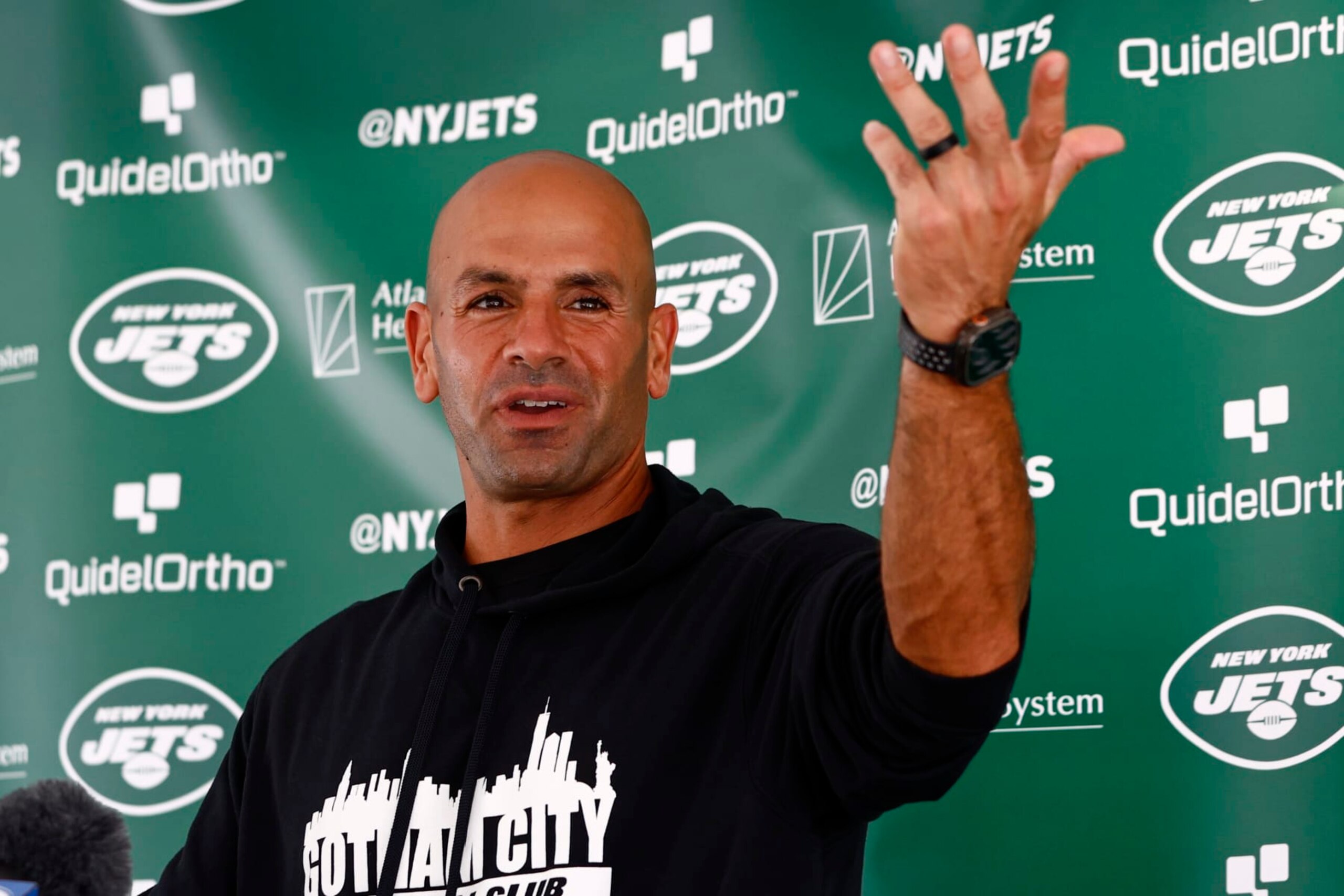 FLORHAM PARK, NEW JERSEY - JULY 26: Head coach Robert Saleh of the New York Jets talks to reporters after training camp at Atlantic Health Jets Training Center on July 26, 2023 in Florham Park, New Jersey. (Photo by Rich Schultz/Getty Images)