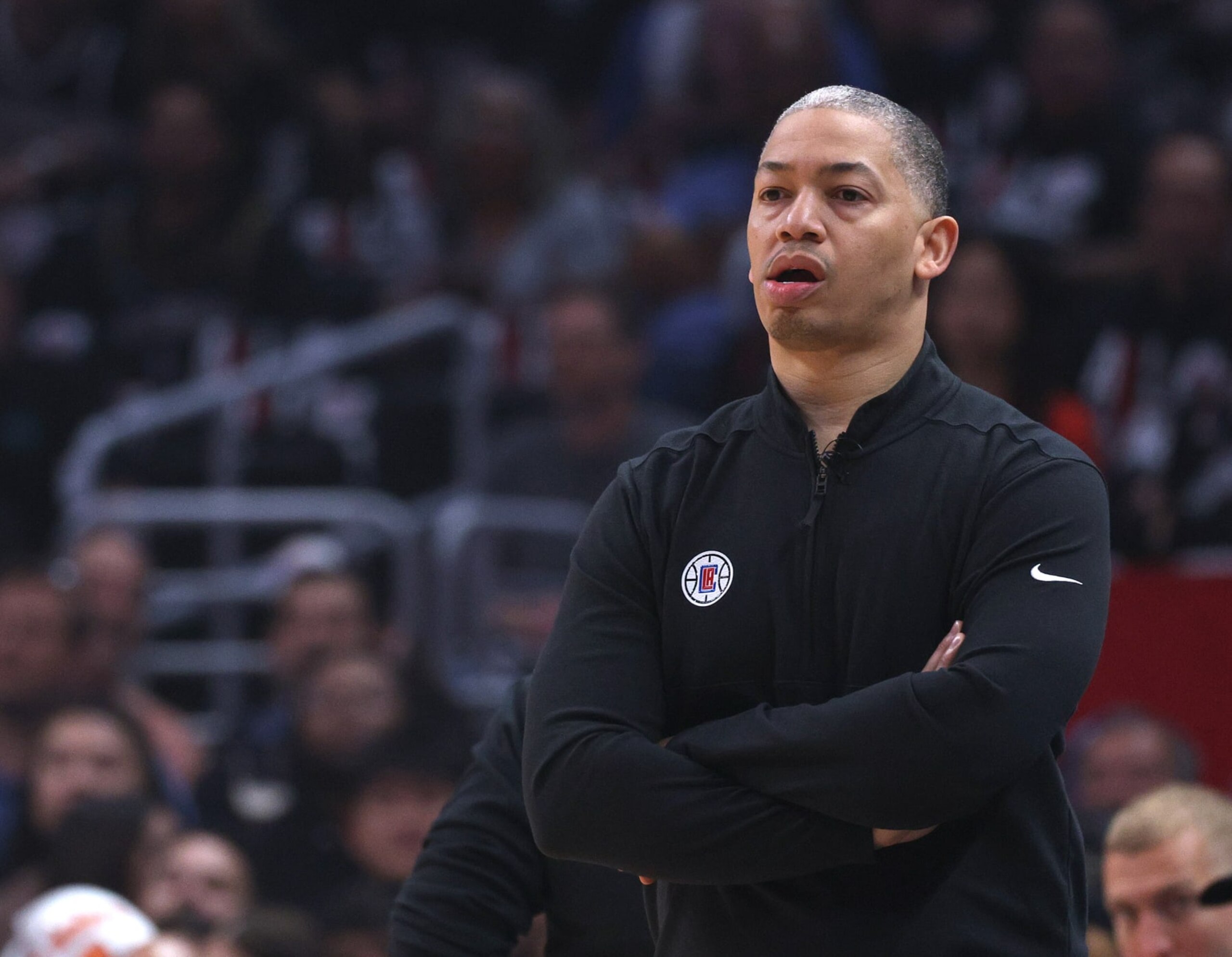 LOS ANGELES, CALIFORNIA - APRIL 22: Head coach of the LA Clippers Tyronn Lue reacts to play against the Phoenix Suns during the first quarter of Game Four of the Western Conference First Round Playoffs at Crypto.com Arena on April 22, 2023 in Los Angeles, California. NOTE TO USER: User expressly acknowledges and agrees that, by downloading and or using this photograph, User is consenting to the terms and conditions of the Getty Images License Agreement. (Photo by Harry How/Getty Images)