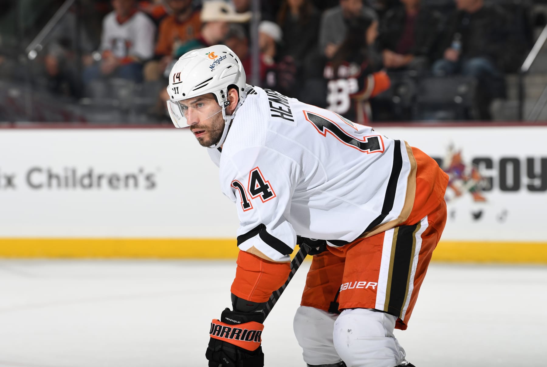 TEMPE, ARIZONA - JANUARY 24: Adam Henrique #14 of the Anaheim Ducks gets ready during a face off against the Arizona Coyotes at Mullett Arena on January 24, 2023 in Tempe, Arizona. (Photo by Norm Hall/NHLI via Getty Images)