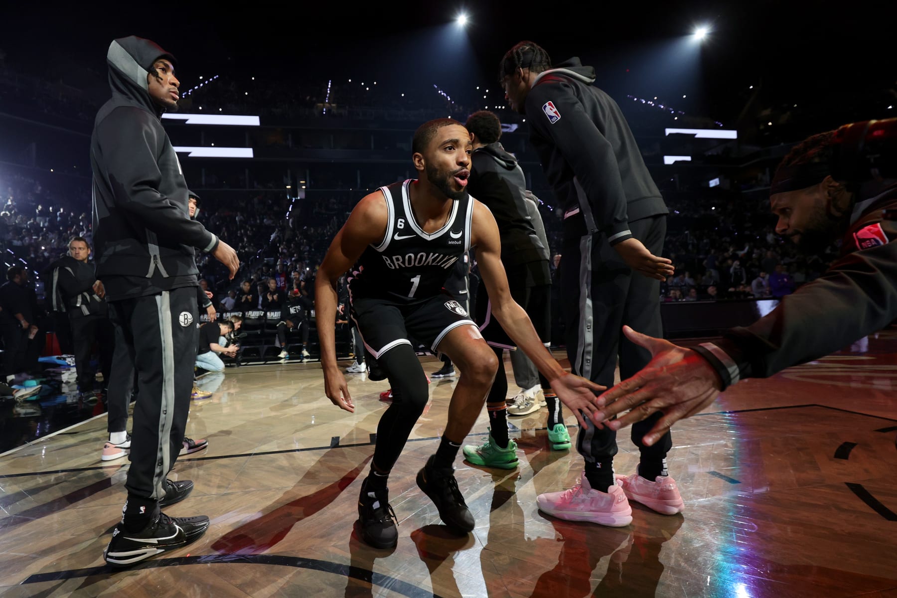 BROOKLYN, NY - APRIL 22: Mikal Bridges #1 of the Brooklyn Nets walks on to the court before the game against the Philadelphia 76ers during Round 1 Game 4 of the 2023 NBA Playoffs on April 22, 2023 at Barclays Center in Brooklyn, New York. NOTE TO USER: User expressly acknowledges and agrees that, by downloading and or using this Photograph, user is consenting to the terms and conditions of the Getty Images License Agreement. Mandatory Copyright Notice: Copyright 2023 NBAE (Photo by Nathaniel S. Butler/NBAE via Getty Images)