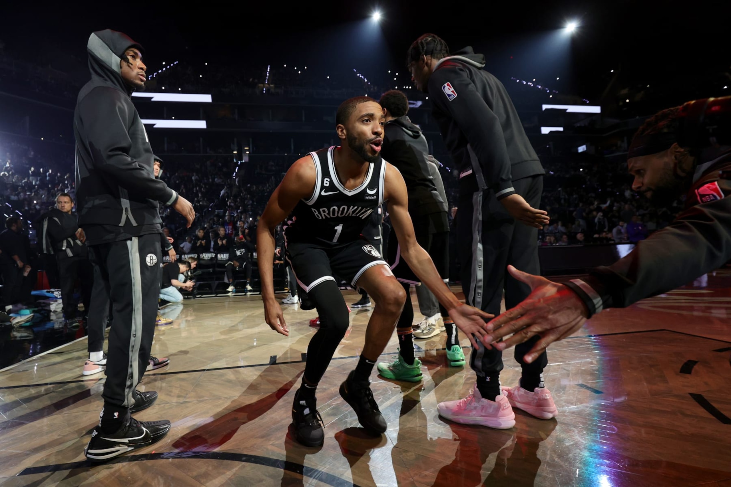 BROOKLYN, NY - APRIL 22: Mikal Bridges #1 of the Brooklyn Nets walks on to the court before the game against the Philadelphia 76ers during Round 1 Game 4 of the 2023 NBA Playoffs on April 22, 2023 at Barclays Center in Brooklyn, New York. NOTE TO USER: User expressly acknowledges and agrees that, by downloading and or using this Photograph, user is consenting to the terms and conditions of the Getty Images License Agreement. Mandatory Copyright Notice: Copyright 2023 NBAE (Photo by Nathaniel S. Butler/NBAE via Getty Images)