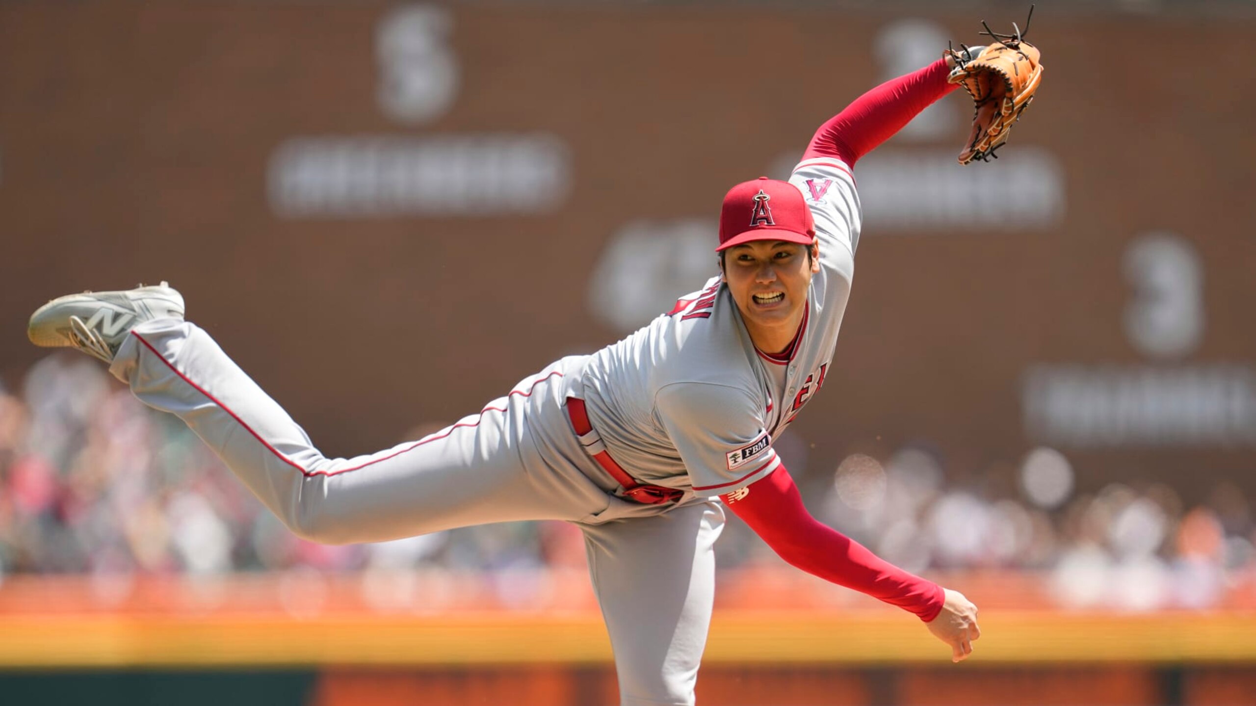 Los Angeles Angels pitcher Shohei Ohtani throws against the Detroit Tigers in the fourth inning during the first baseball game of a doubleheader, Thursday, July 27, 2023, in Detroit. (AP Photo/Paul Sancya)