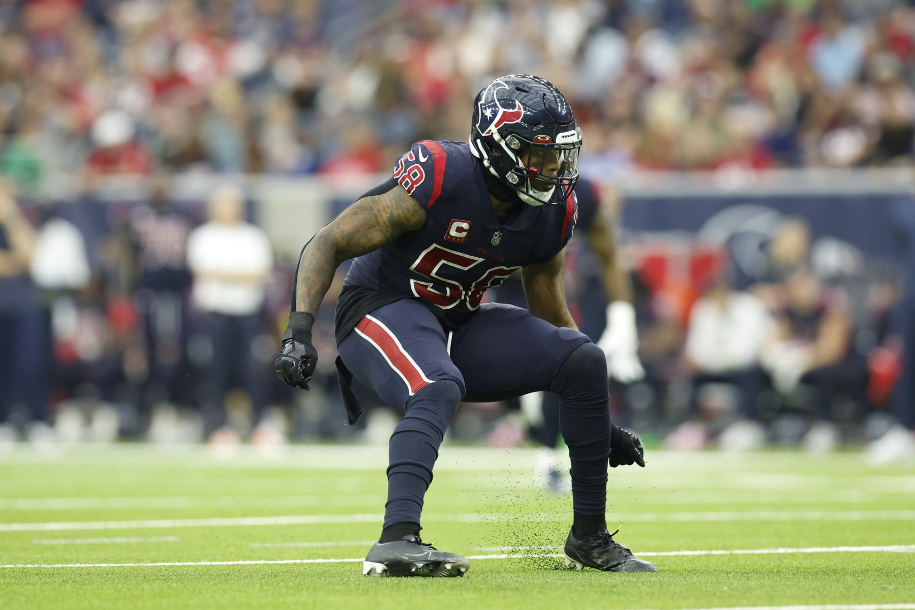 Houston Texans linebacker Christian Kirksey (58) looks to defend during an NFL football game against the Cleveland Browns on Sunday, December 4, 2022, in Houston. (AP Photo/Matt Patterson)