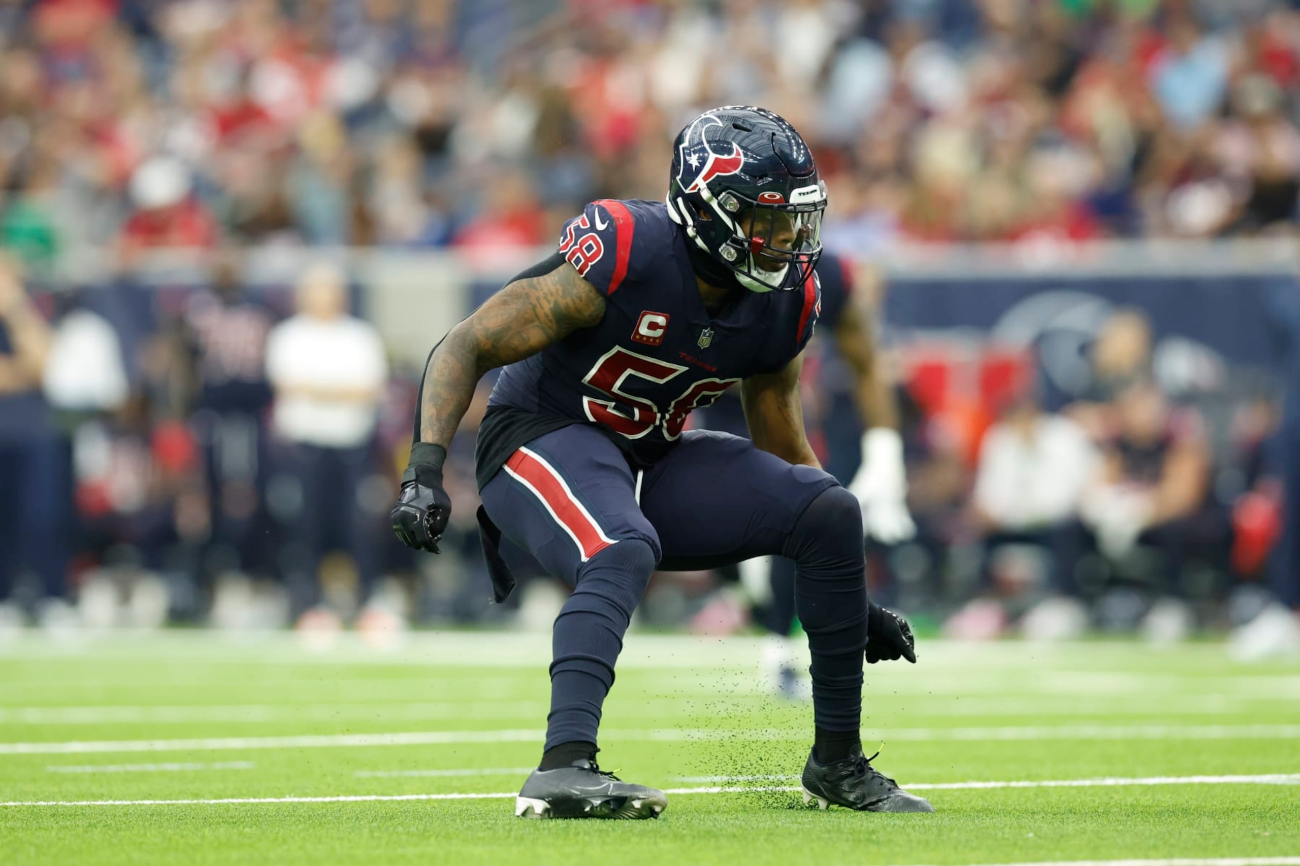 Houston Texans linebacker Christian Kirksey (58) looks to defend during an NFL football game against the Cleveland Browns on Sunday, December 4, 2022, in Houston. (AP Photo/Matt Patterson)
