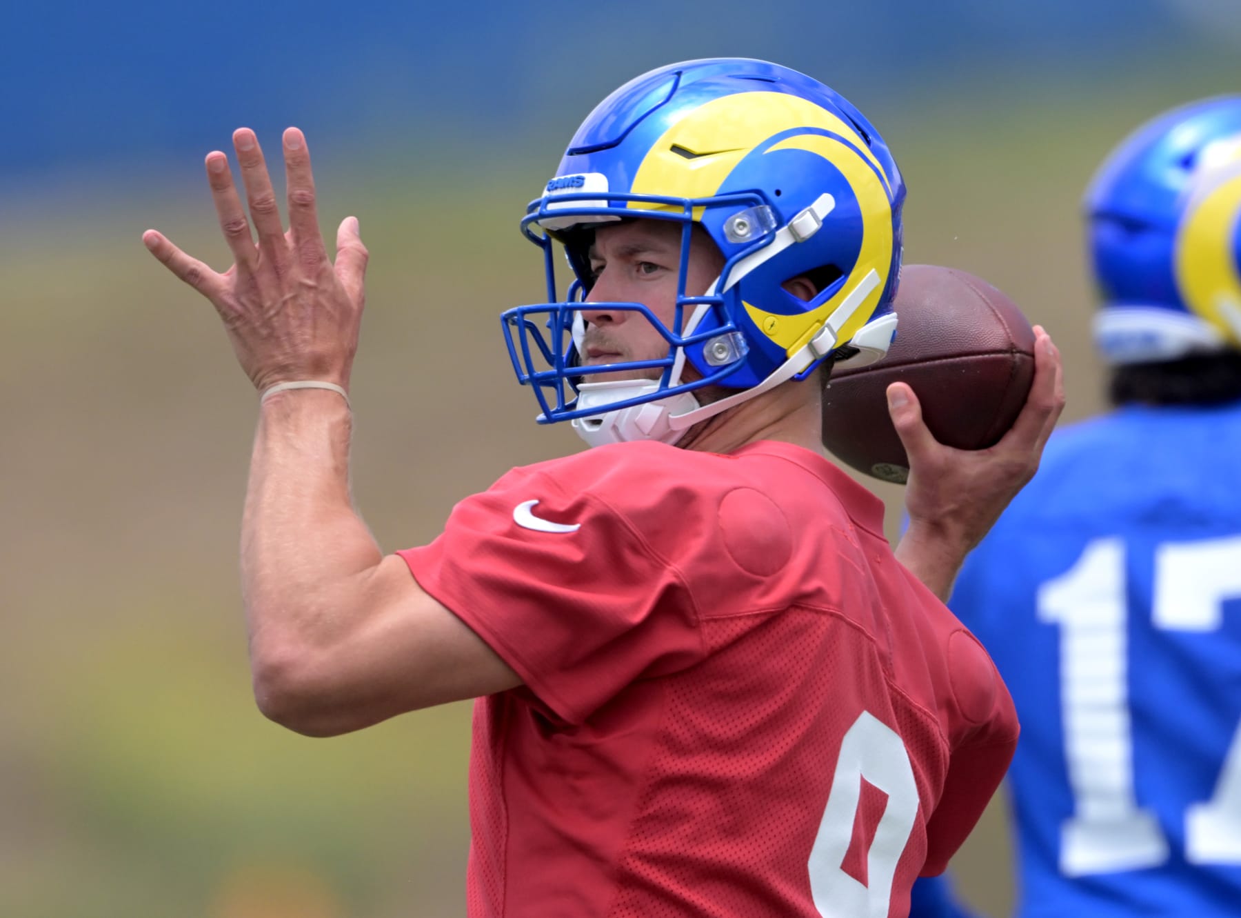 THOUSAND OAKS, CALIFORNIA - JUNE 13: Quarterback Matthew Stafford #9 of the Los Angeles Rams participates in drills during mini-camp at California Lutheran University on June 13, 2023 in Thousand Oaks, California. (Photo by Jayne Kamin-Oncea/Getty Images)