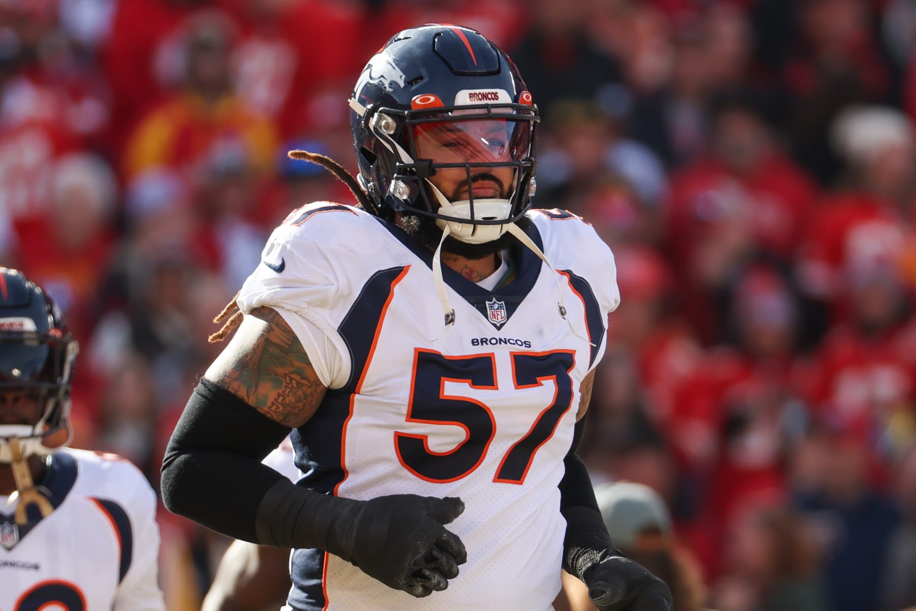 KANSAS CITY, MO - JANUARY 01: Denver Broncos guard Billy Turner (57) before an AFC West game between the Denver Broncos and Kansas City Chiefs on January 1, 2023 at GEHA Field at.Arrowhead Stadium in Kansas City, MO. (Photo by Scott Winters/Icon Sportswire via Getty Images)